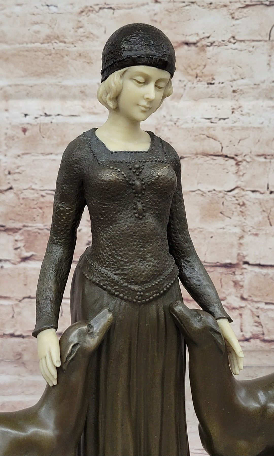 Handcrafted Bronze Art Deco Friends Forever Lady with Dogs Statue Chiparus