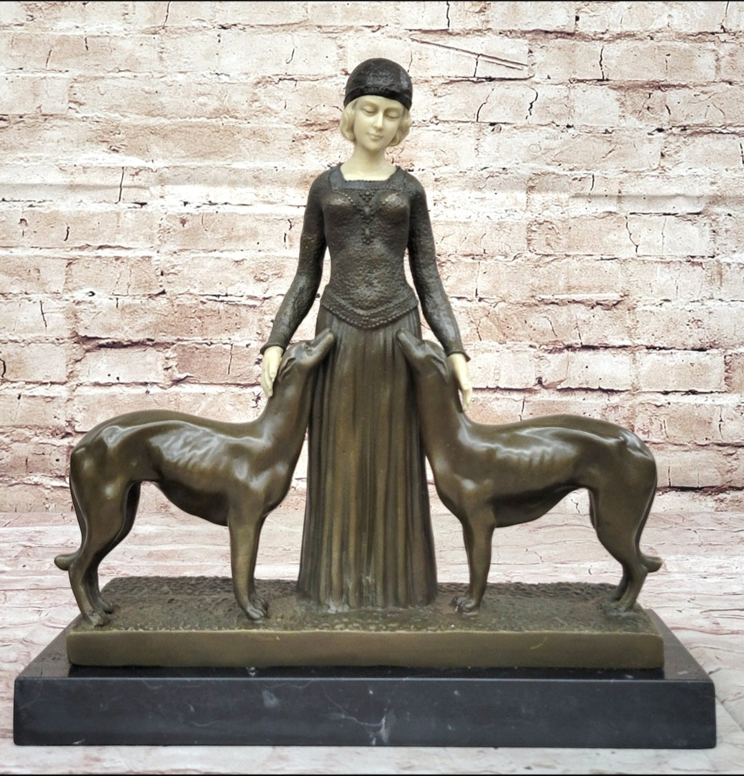 Handcrafted Bronze Art Deco Friends Forever Lady with Dogs Statue Chiparus
