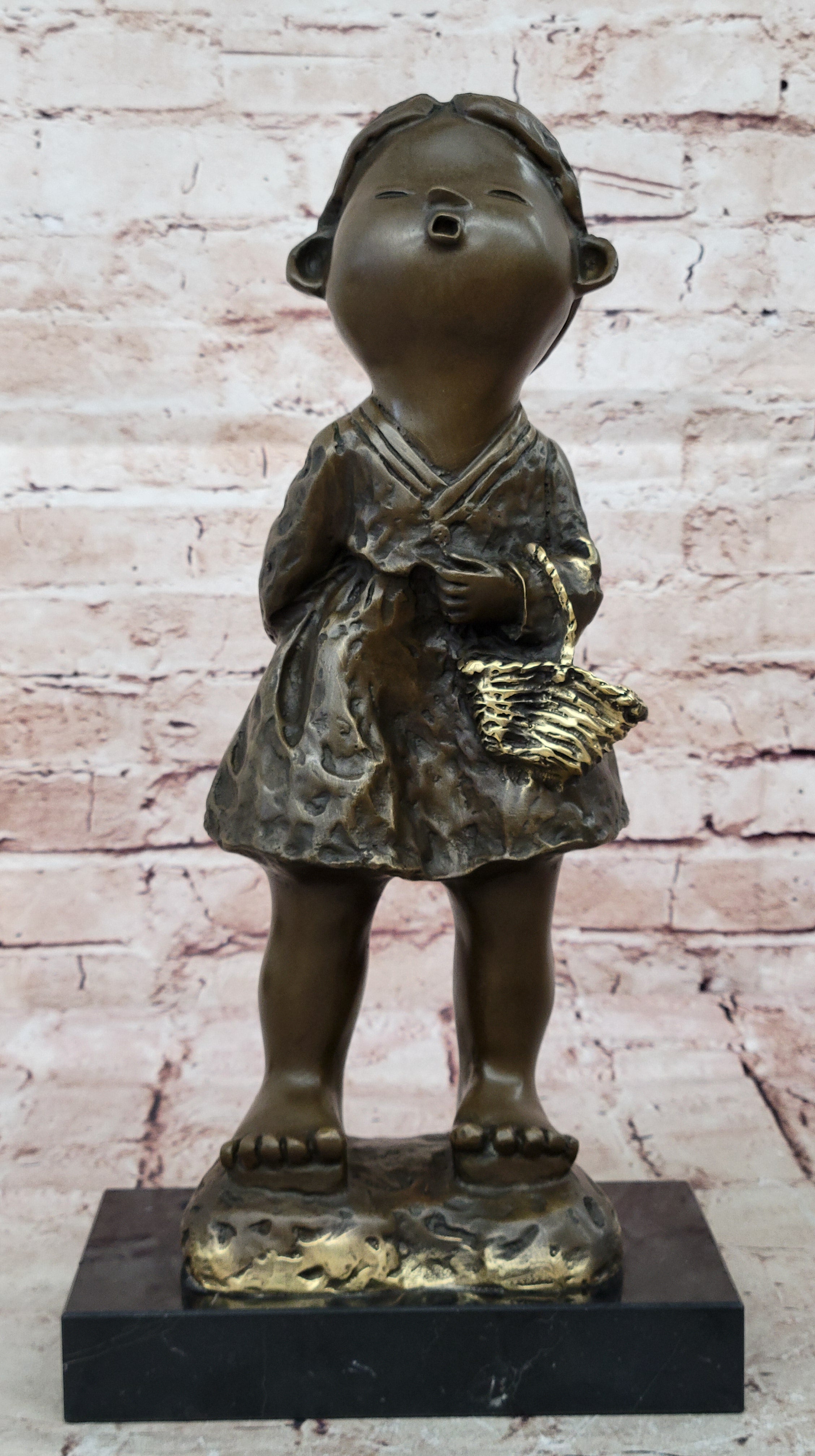 Milo`s Bronze Chinese Girl Holding Basket Art Sculpture Figurine Gift