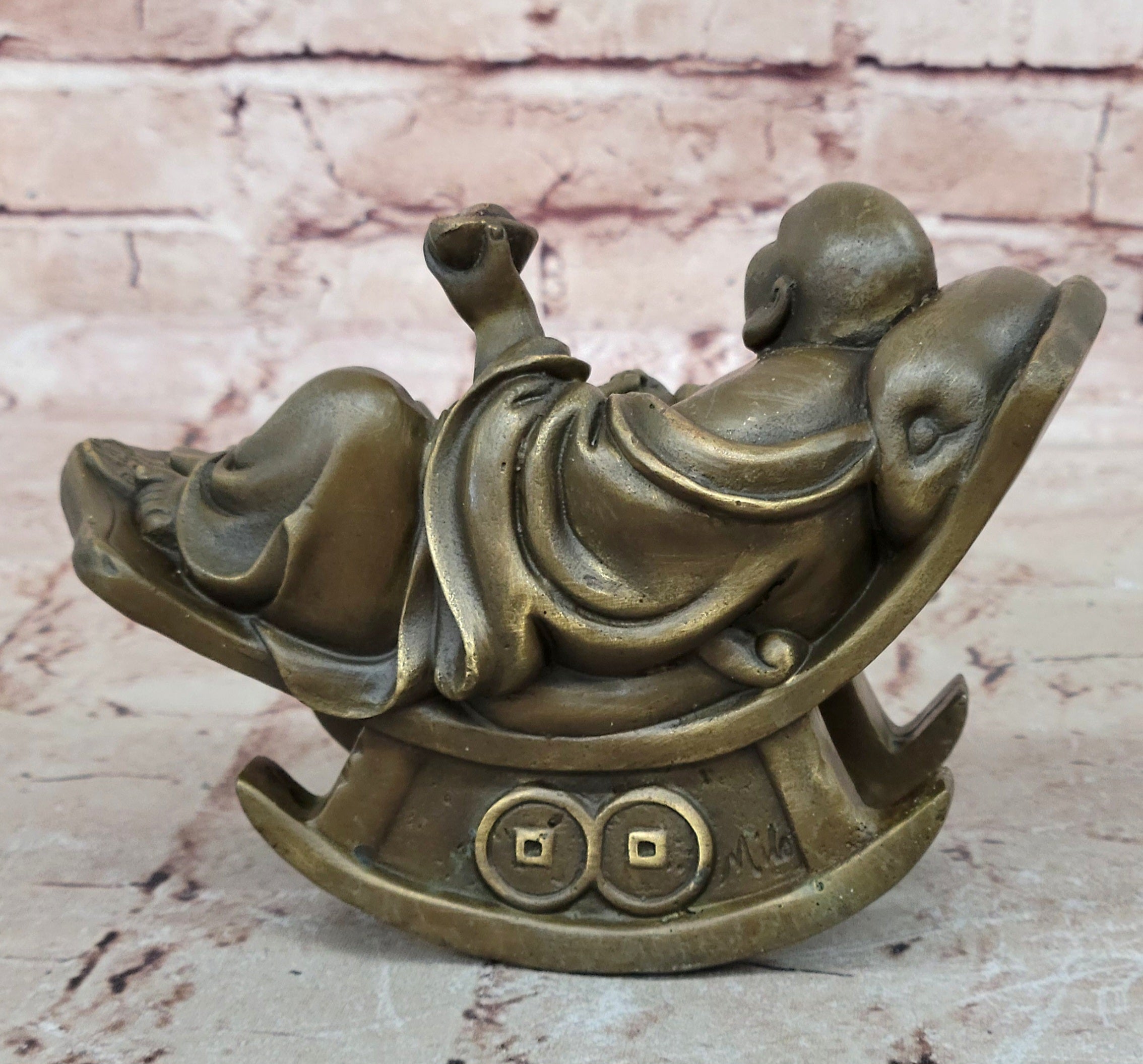 Laughing Fat Buddha Bronze Sculpture: Handmade Joyous Vintage Artwork Sale