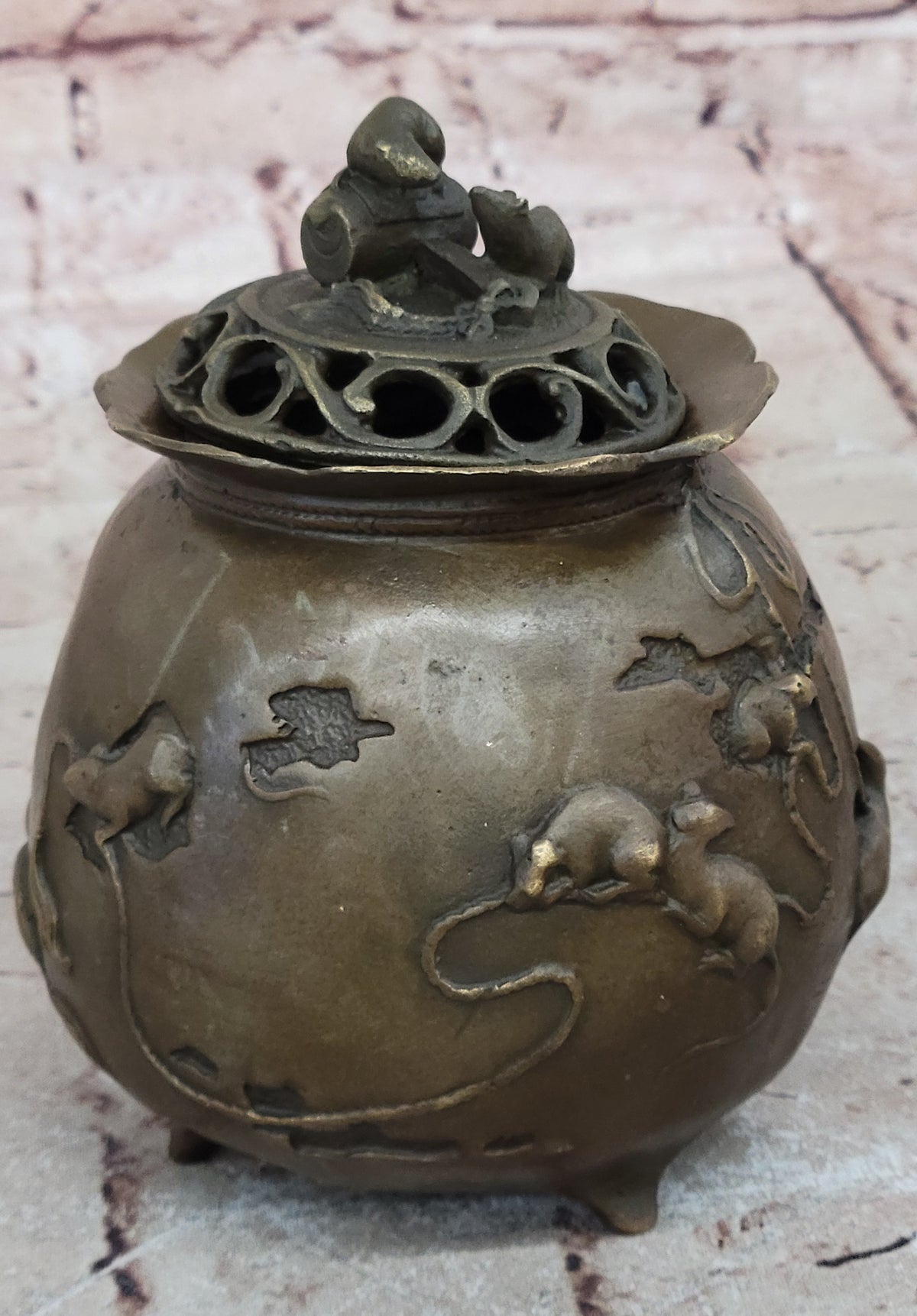 Milo Signed Bronze Rat Incense Burner Censor Sculpture Wealth Prosperity Luck