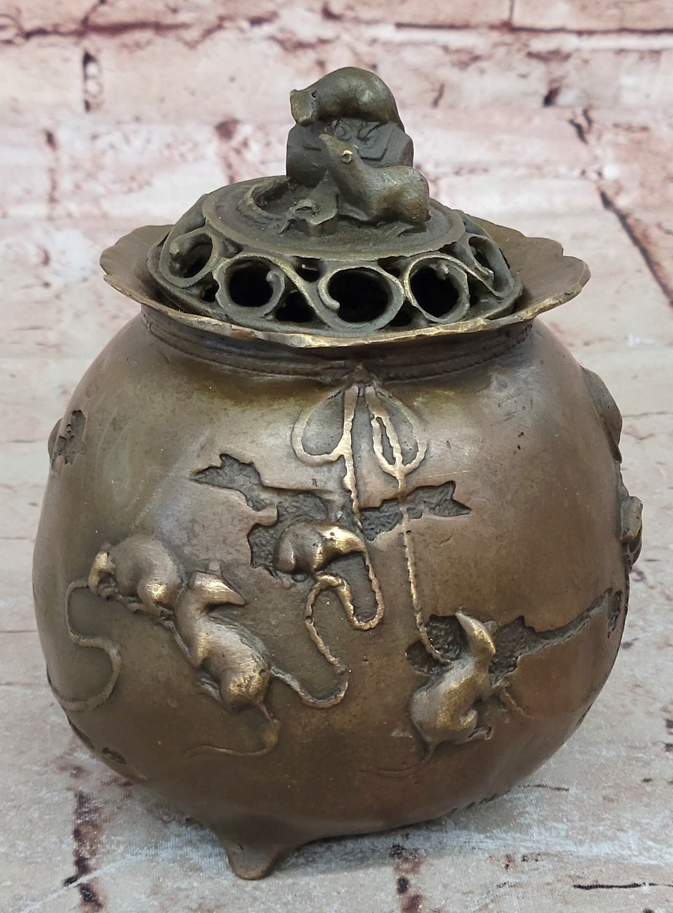 Milo Signed Bronze Rat Incense Burner Censor Sculpture Wealth Prosperity Luck