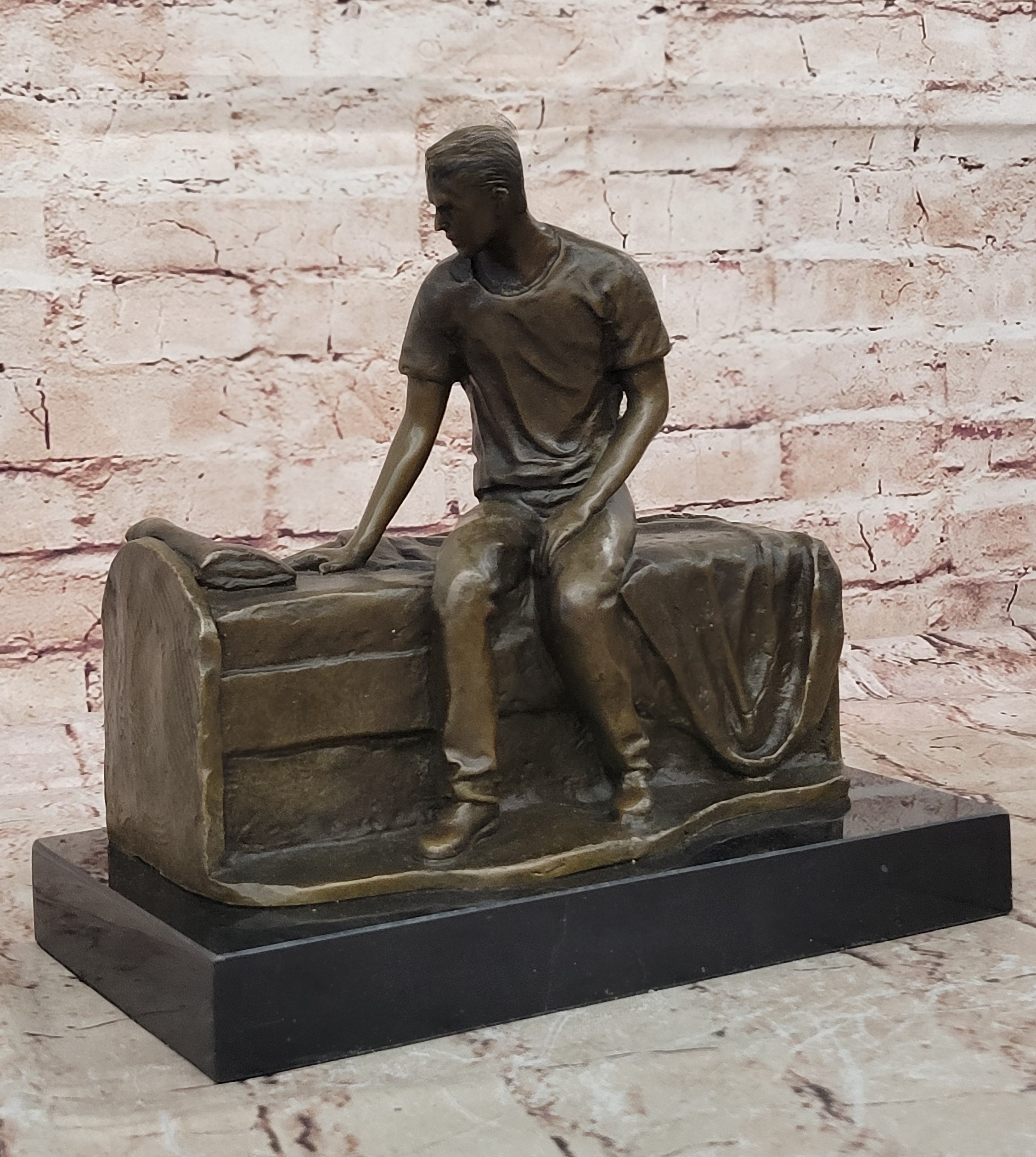 Hot Cast Fine Art: Aldo Vitaleh`s Bronze Thinking Man on Bench - Genuine Sculpture
