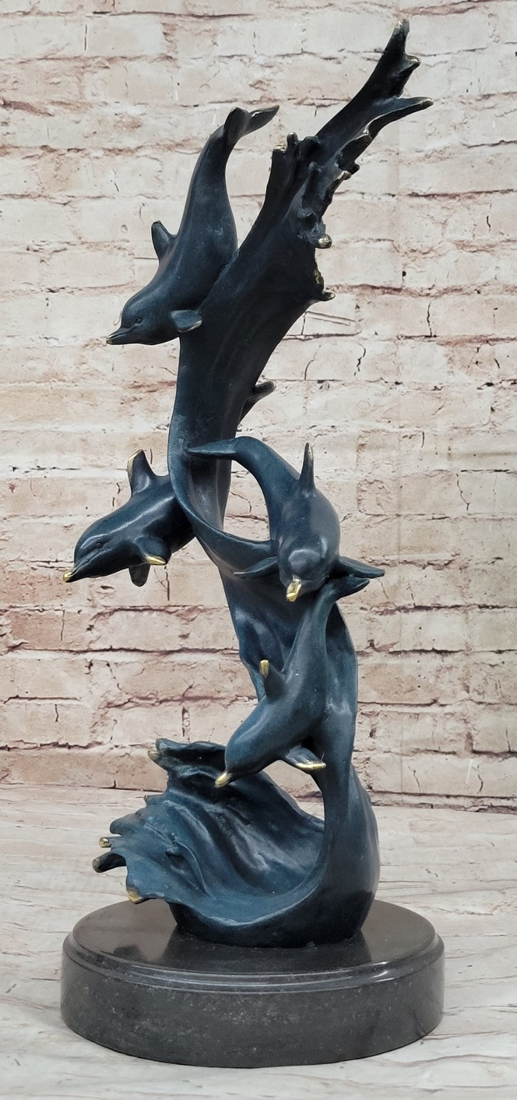 Detailed Dolphins Swimming in Ocean Bronze Sculpture with Special Patina