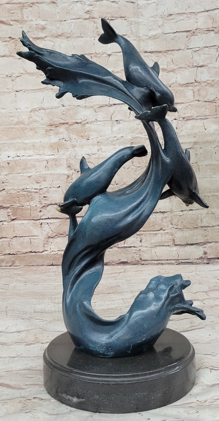Detailed Dolphins Swimming in Ocean Bronze Sculpture with Special Patina