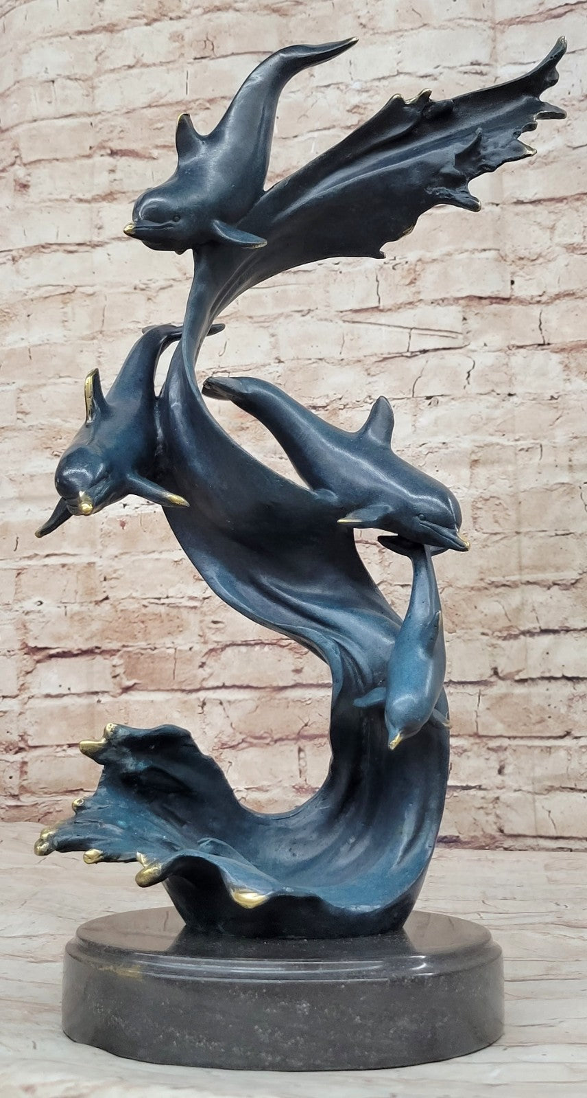 Detailed Dolphins Swimming in Ocean Bronze Sculpture with Special Patina