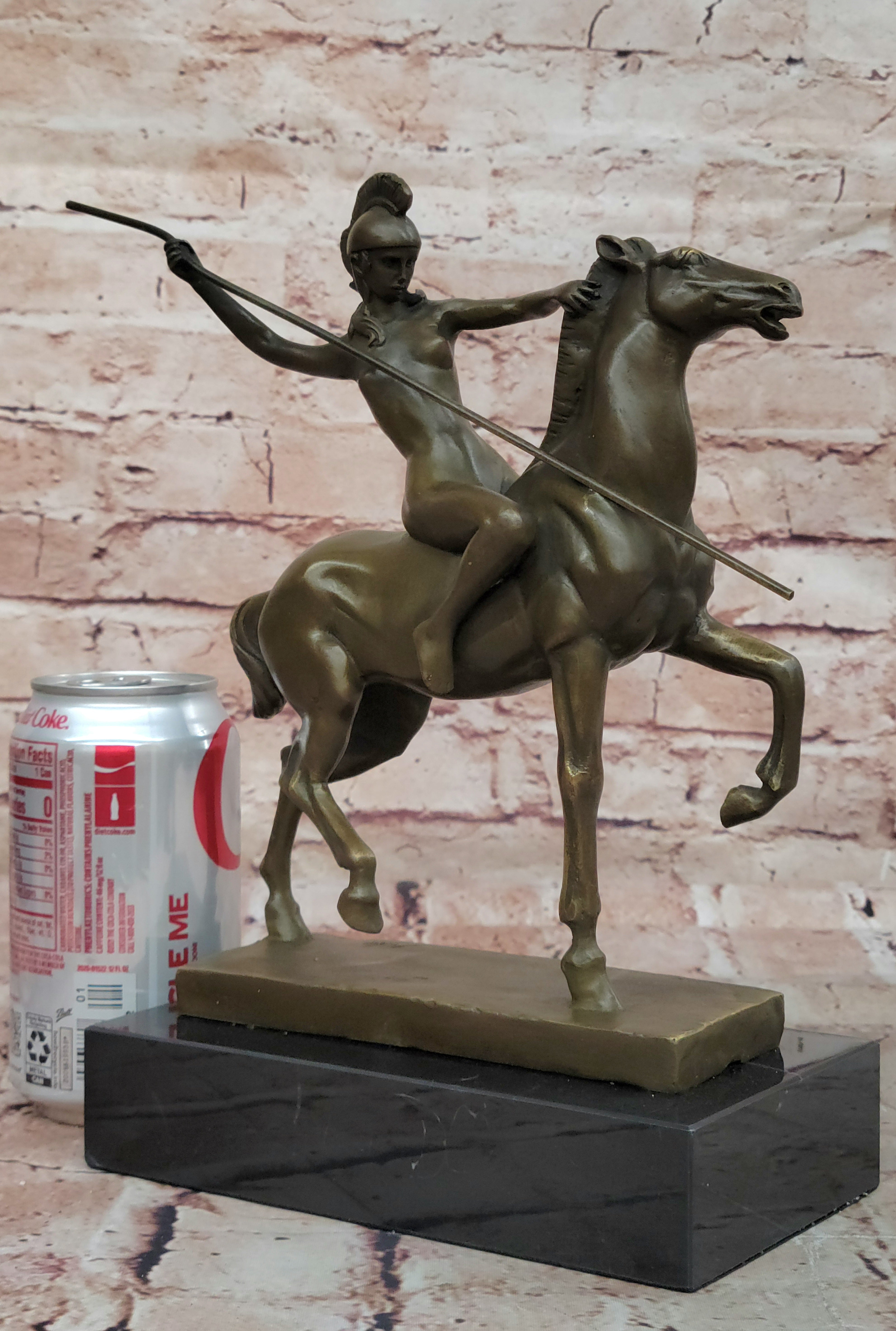 Genuine Bronze Greek Female Amazon A Spear Riding Horse Sculpture Figurine Deco