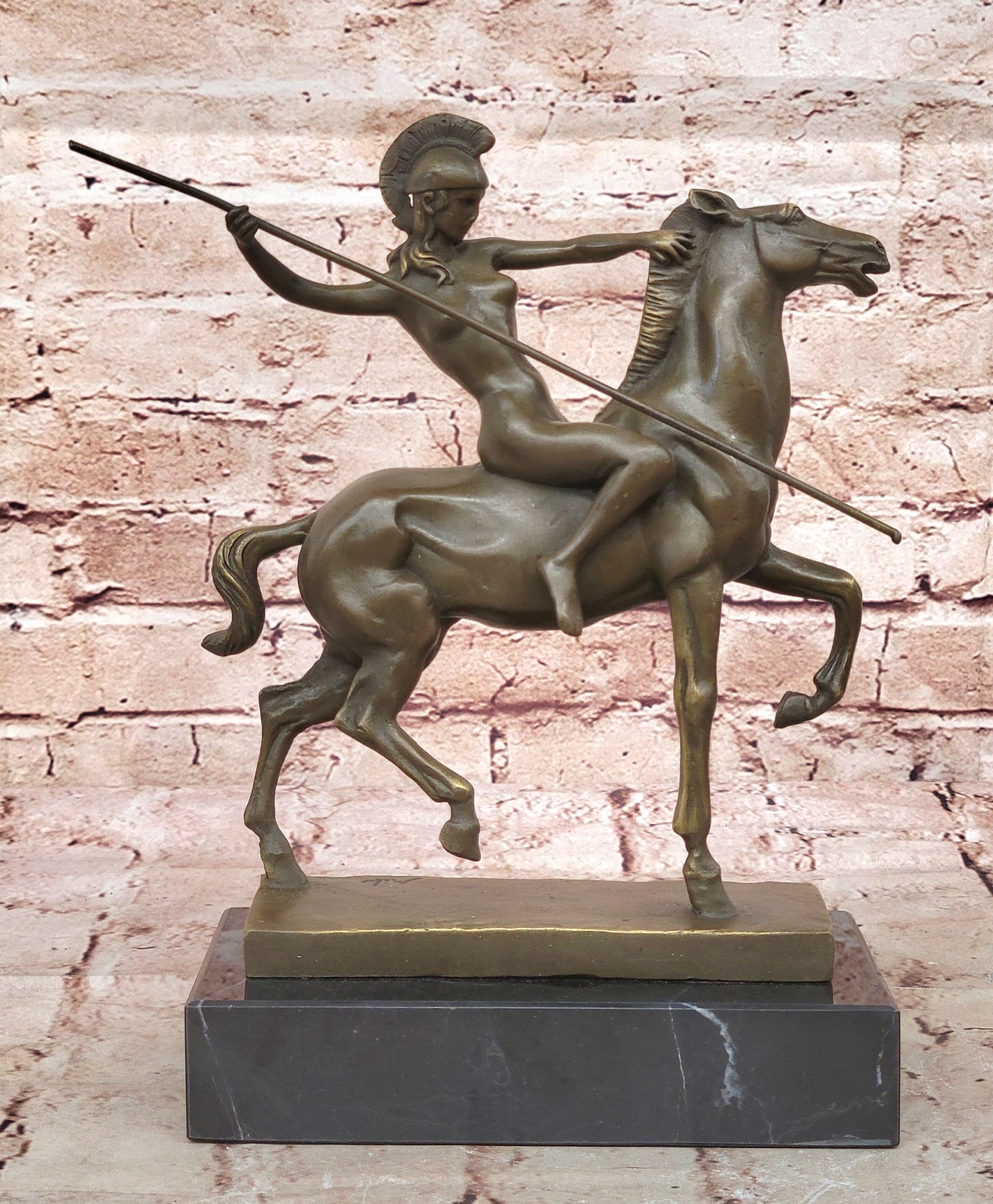Genuine Bronze Greek Female Amazon A Spear Riding Horse Sculpture Figurine Deco