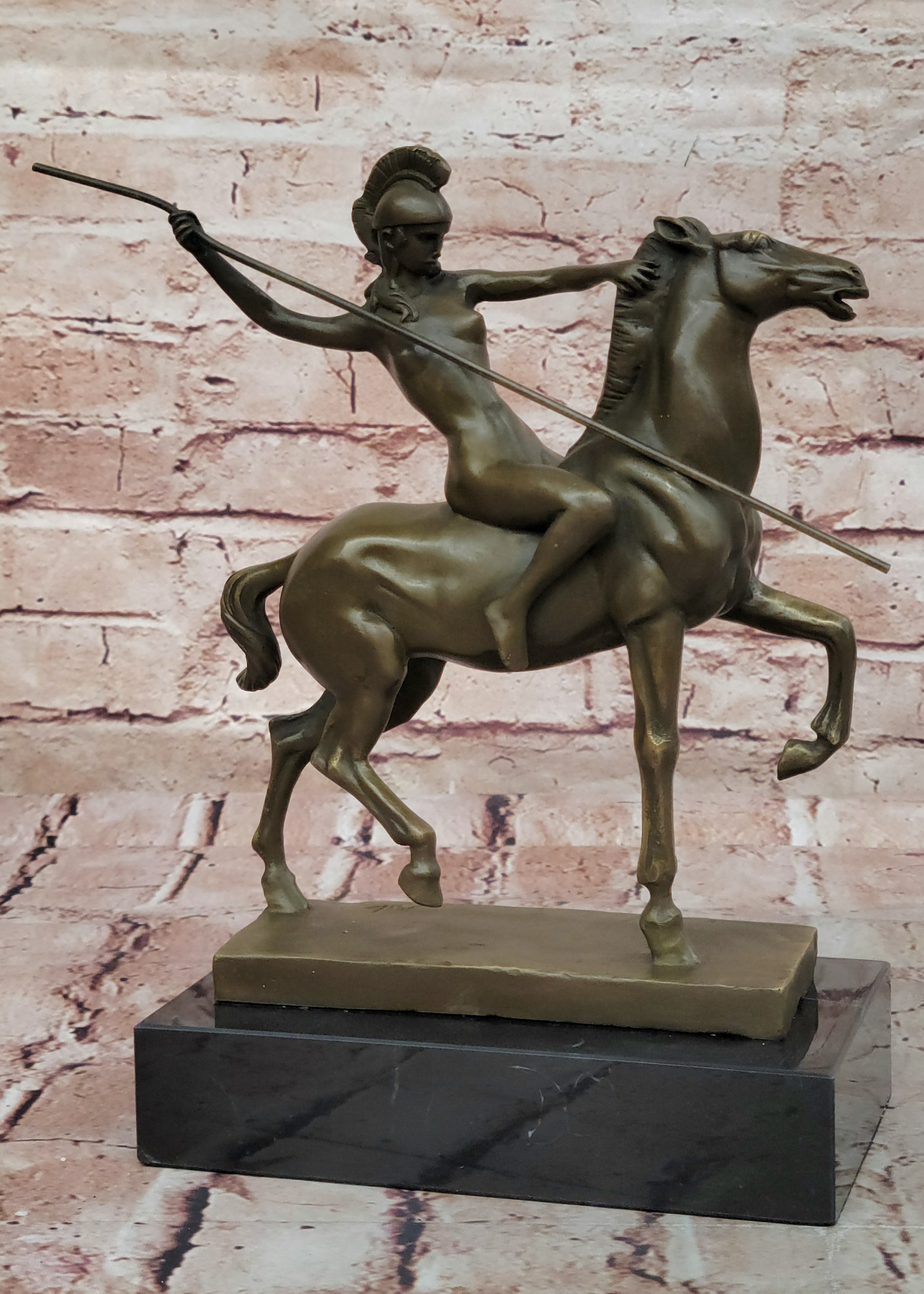 Genuine Bronze Greek Female Amazon A Spear Riding Horse Sculpture Figurine Deco