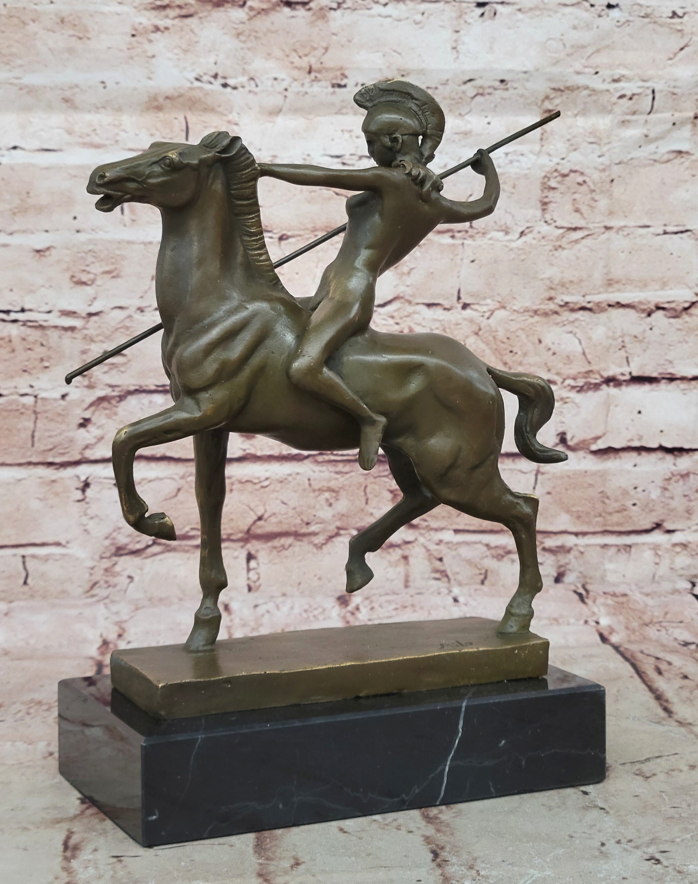 Genuine Bronze Greek Female Amazon A Spear Riding Horse Sculpture Figurine Deco
