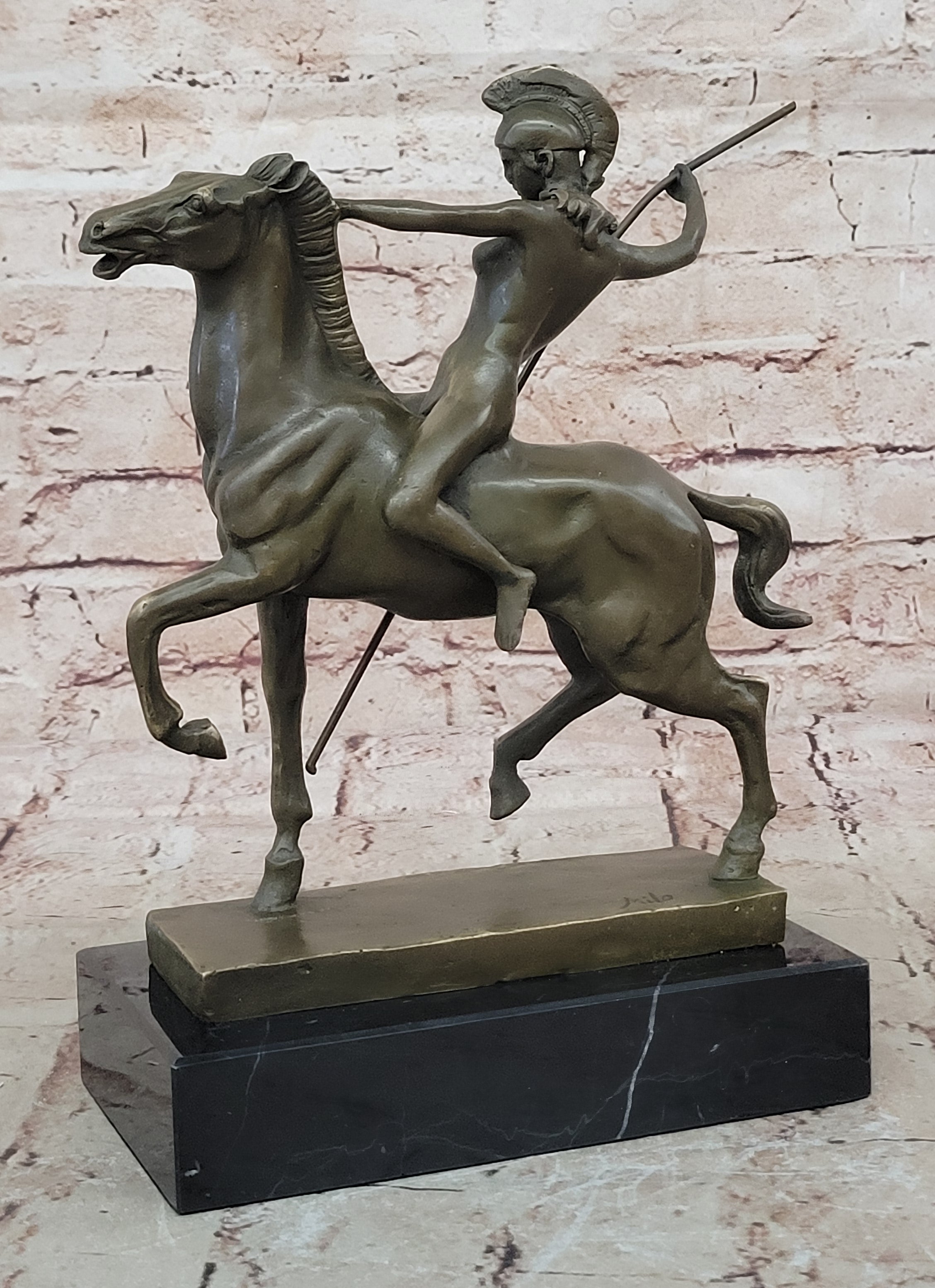 Genuine Bronze Greek Female Amazon A Spear Riding Horse Sculpture Figurine Deco