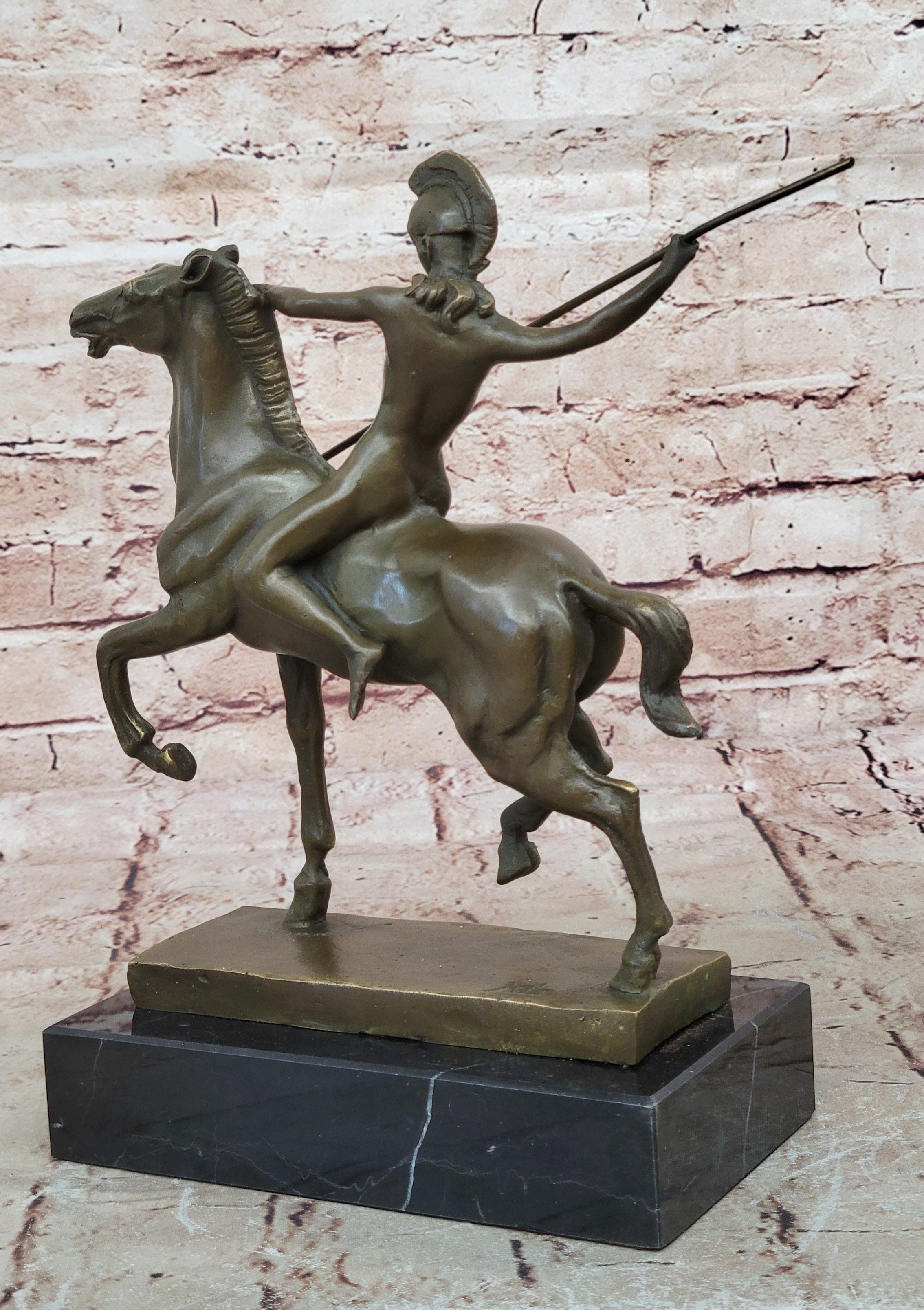 Genuine Bronze Greek Female Amazon A Spear Riding Horse Sculpture Figurine Deco