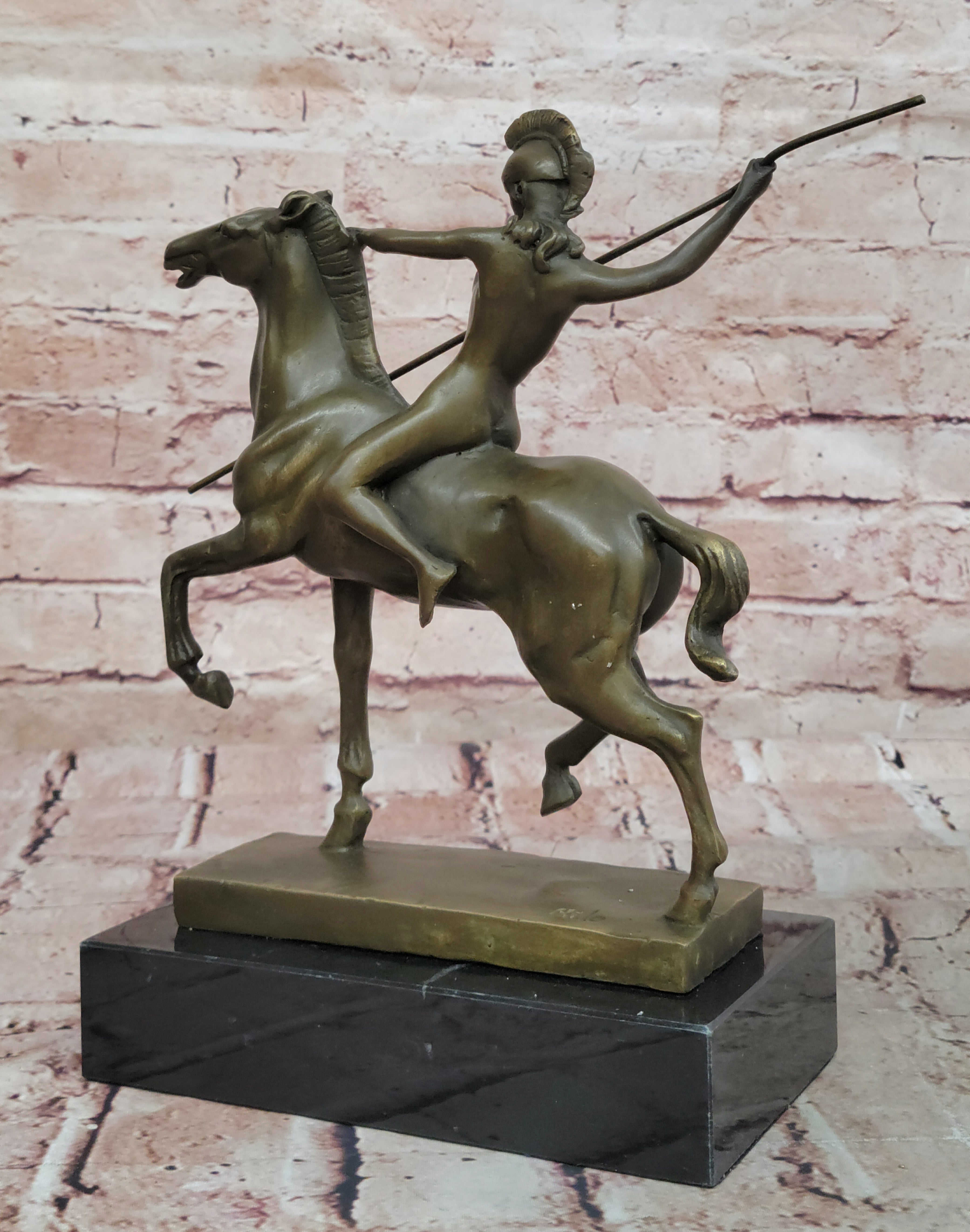Genuine Bronze Greek Female Amazon A Spear Riding Horse Sculpture Figurine Deco