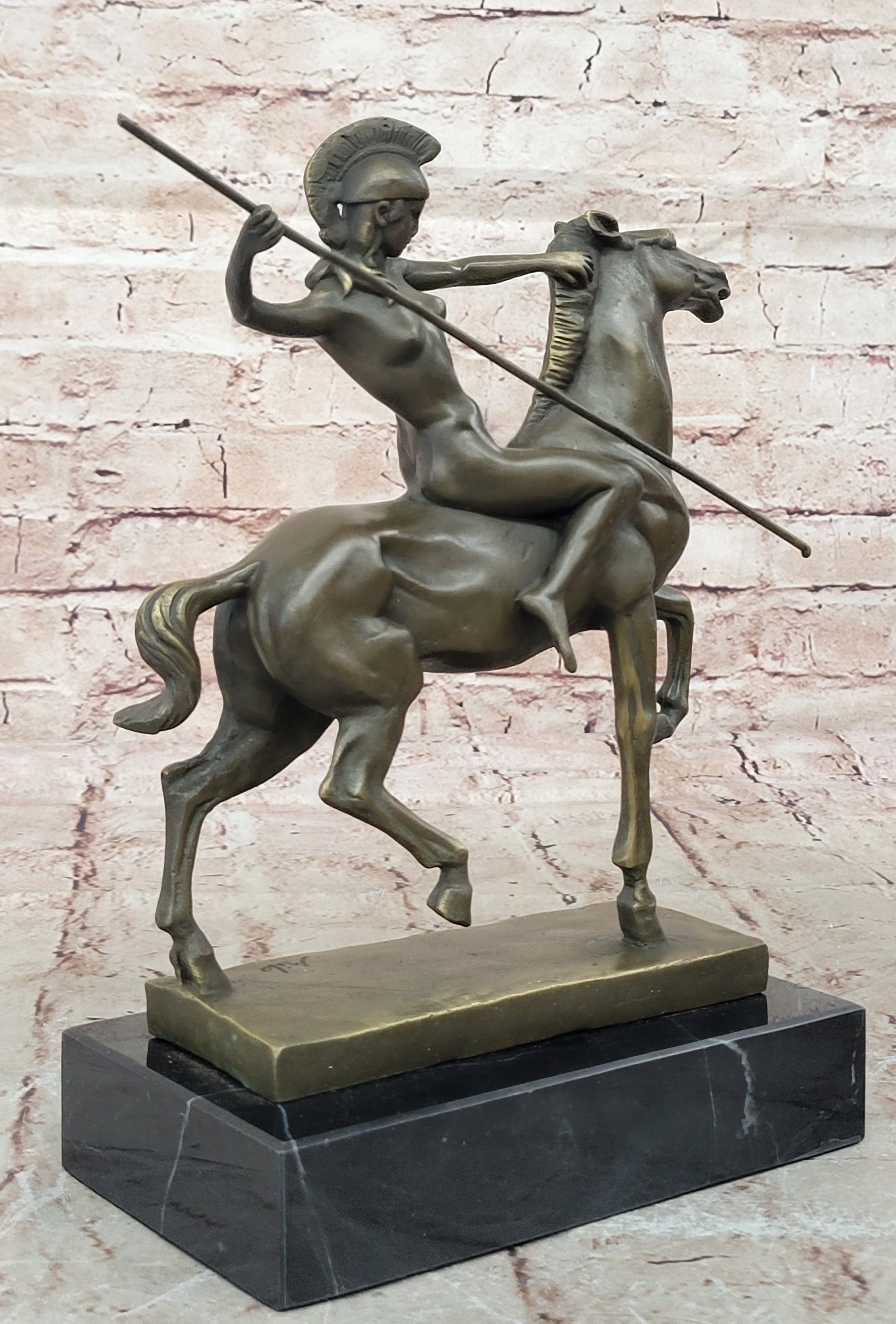 Genuine Bronze Greek Female Amazon A Spear Riding Horse Sculpture Figurine Deco