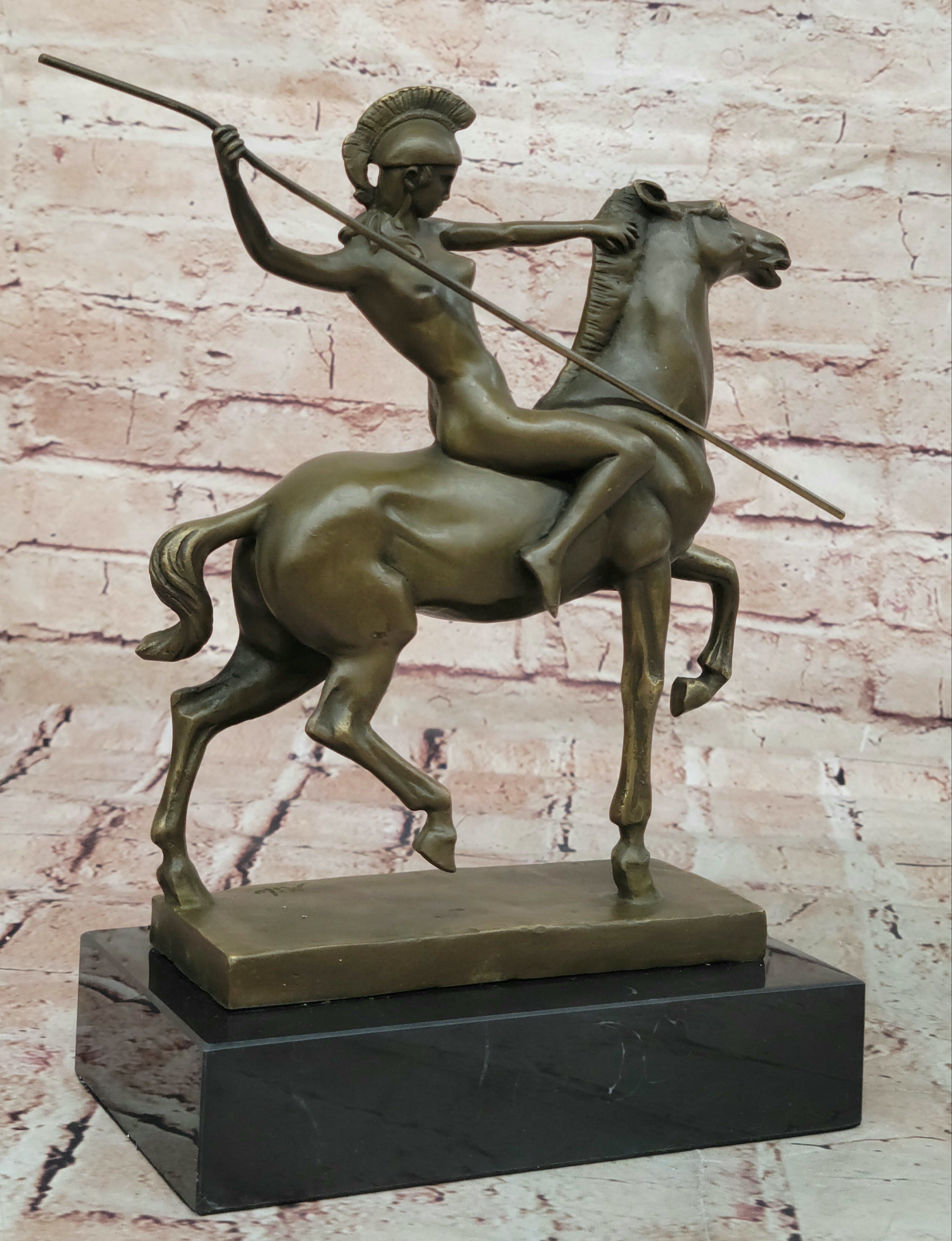 Genuine Bronze Greek Female Amazon A Spear Riding Horse Sculpture Figurine Deco