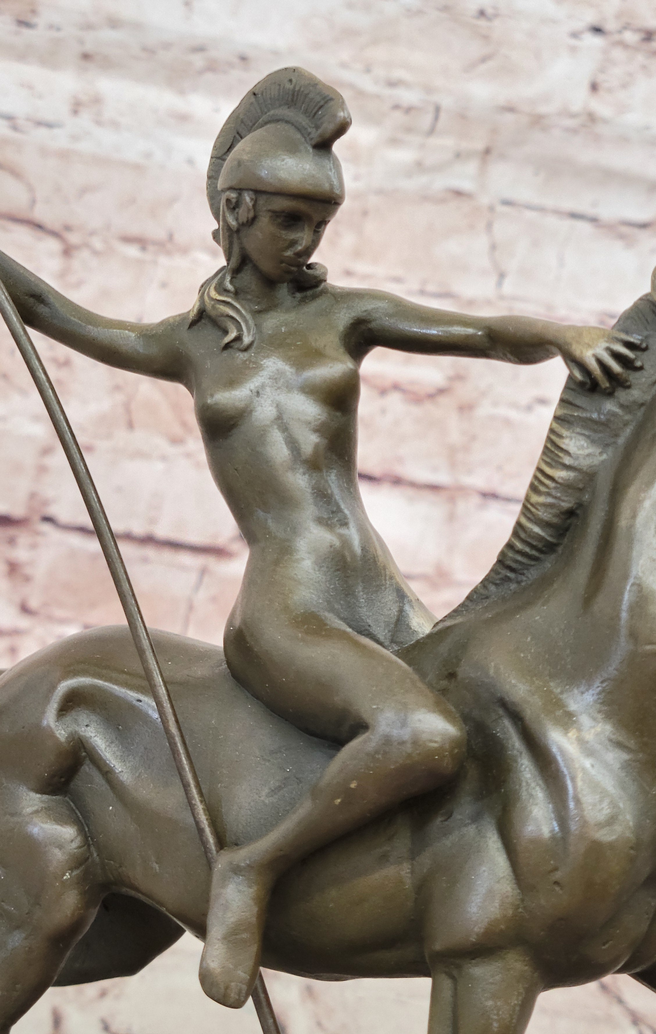 Genuine Bronze Greek Female Amazon A Spear Riding Horse Sculpture Figurine Deco