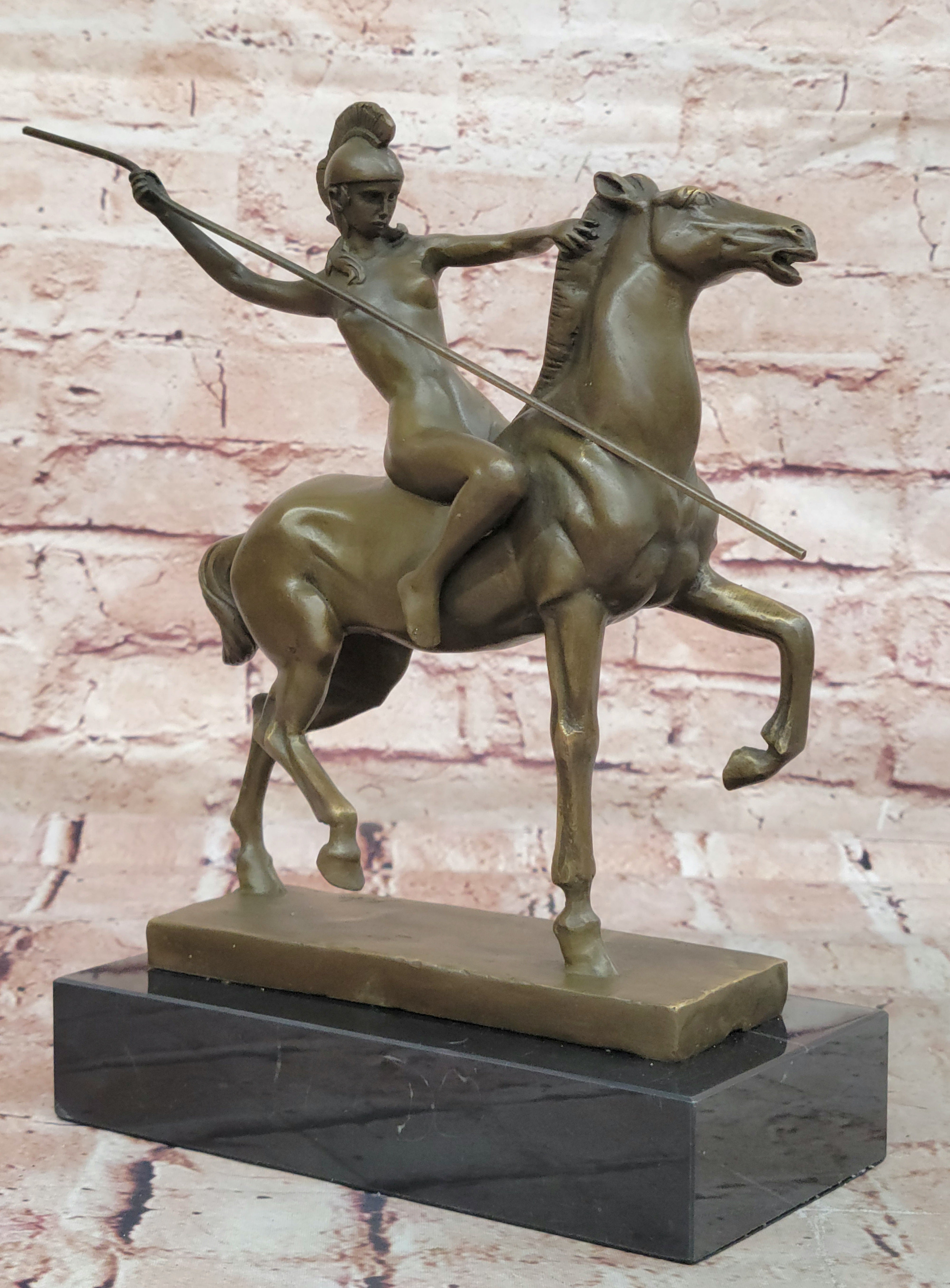 Genuine Bronze Greek Female Amazon A Spear Riding Horse Sculpture Figurine Deco