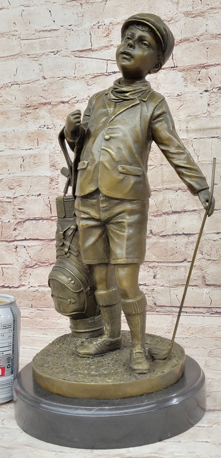 Hand Made Caddy Boy Golfer Bronze Figurine on Marble Base - Signed Artwork