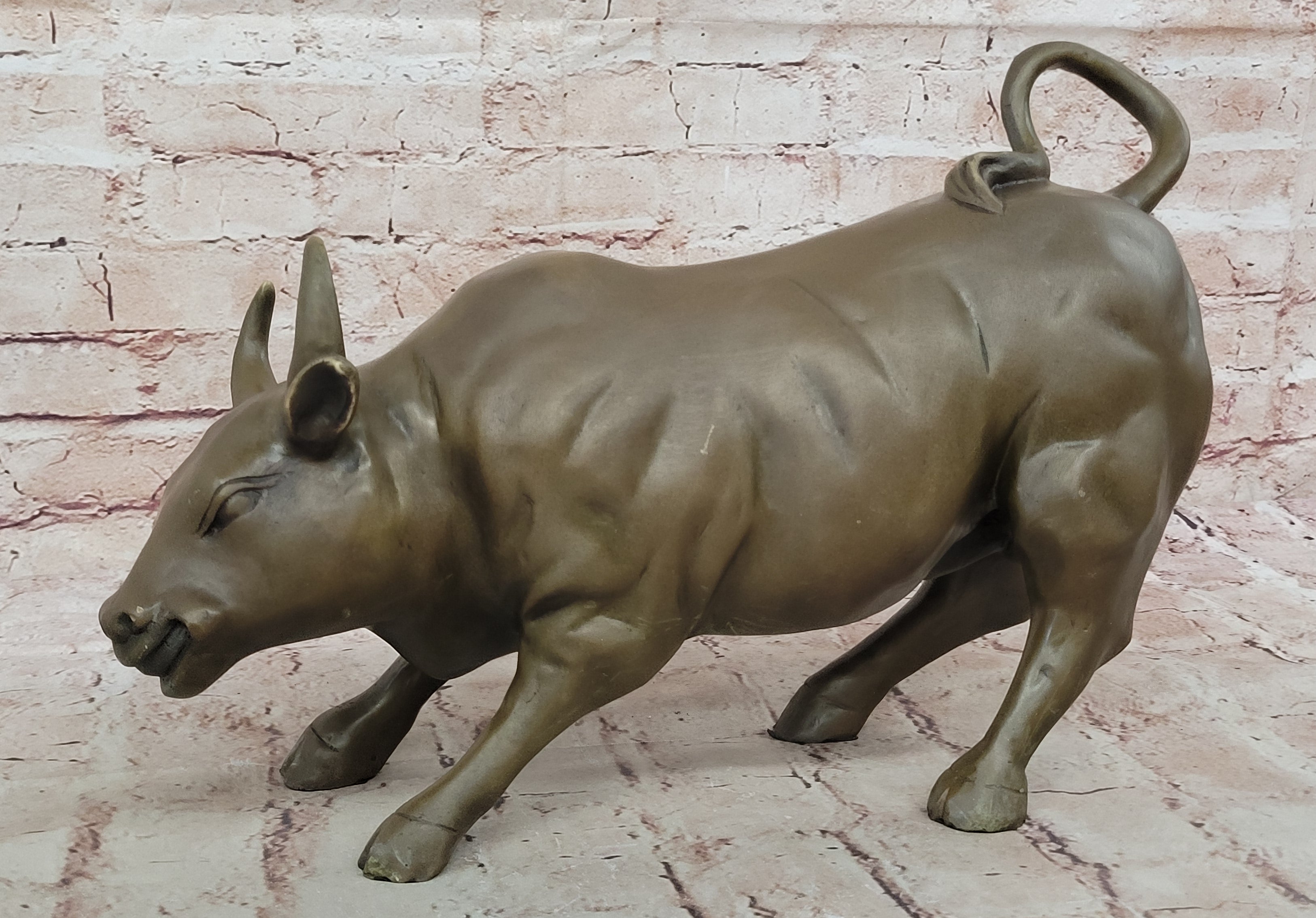Large Magnificent Stock Market Bull Toro Bronze Sculpture Marble Base Statue Art