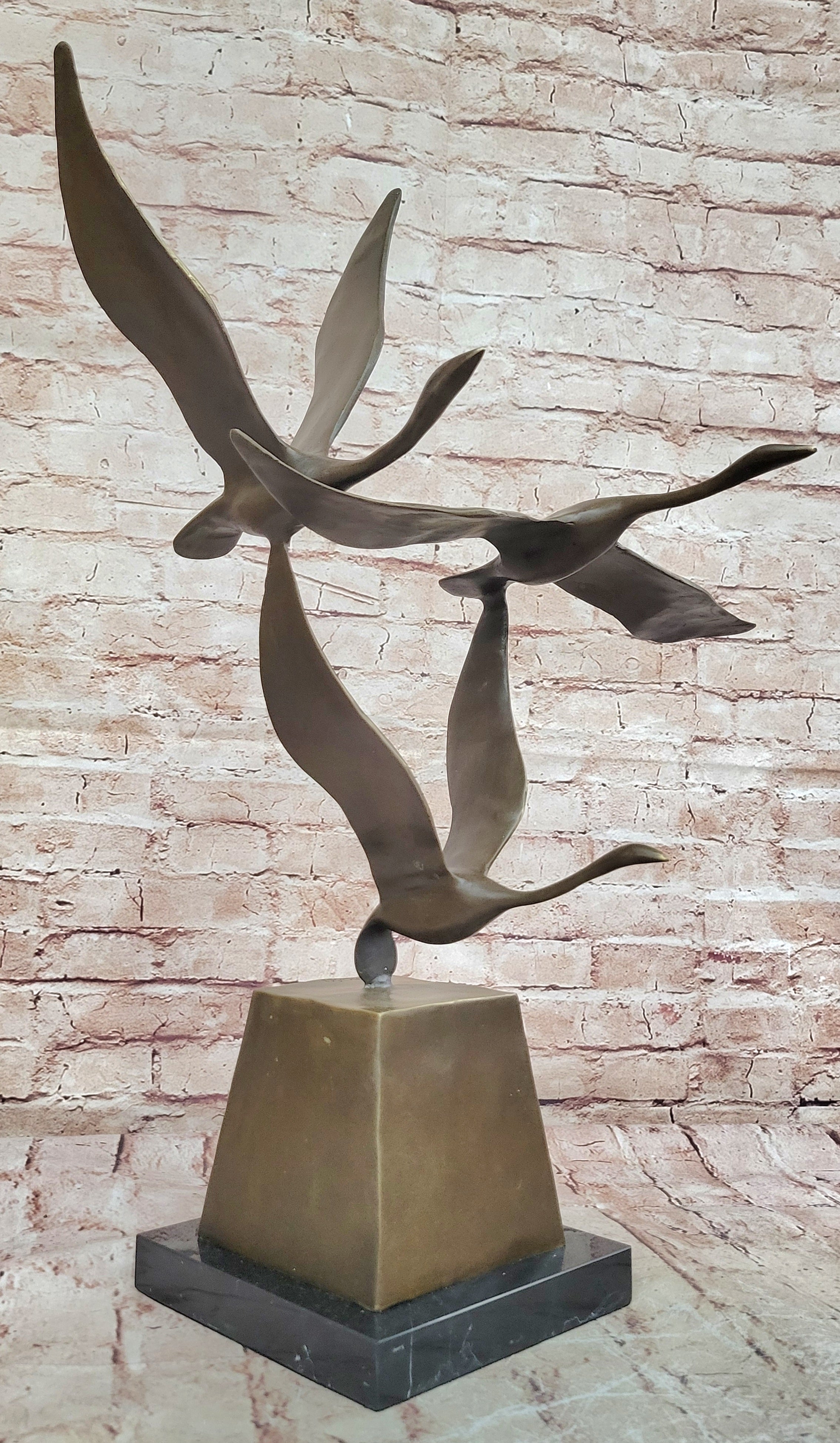 23" Art Deco Sculpture 3 Wild Large Duck Poultry Fly Bird Bronze Statue