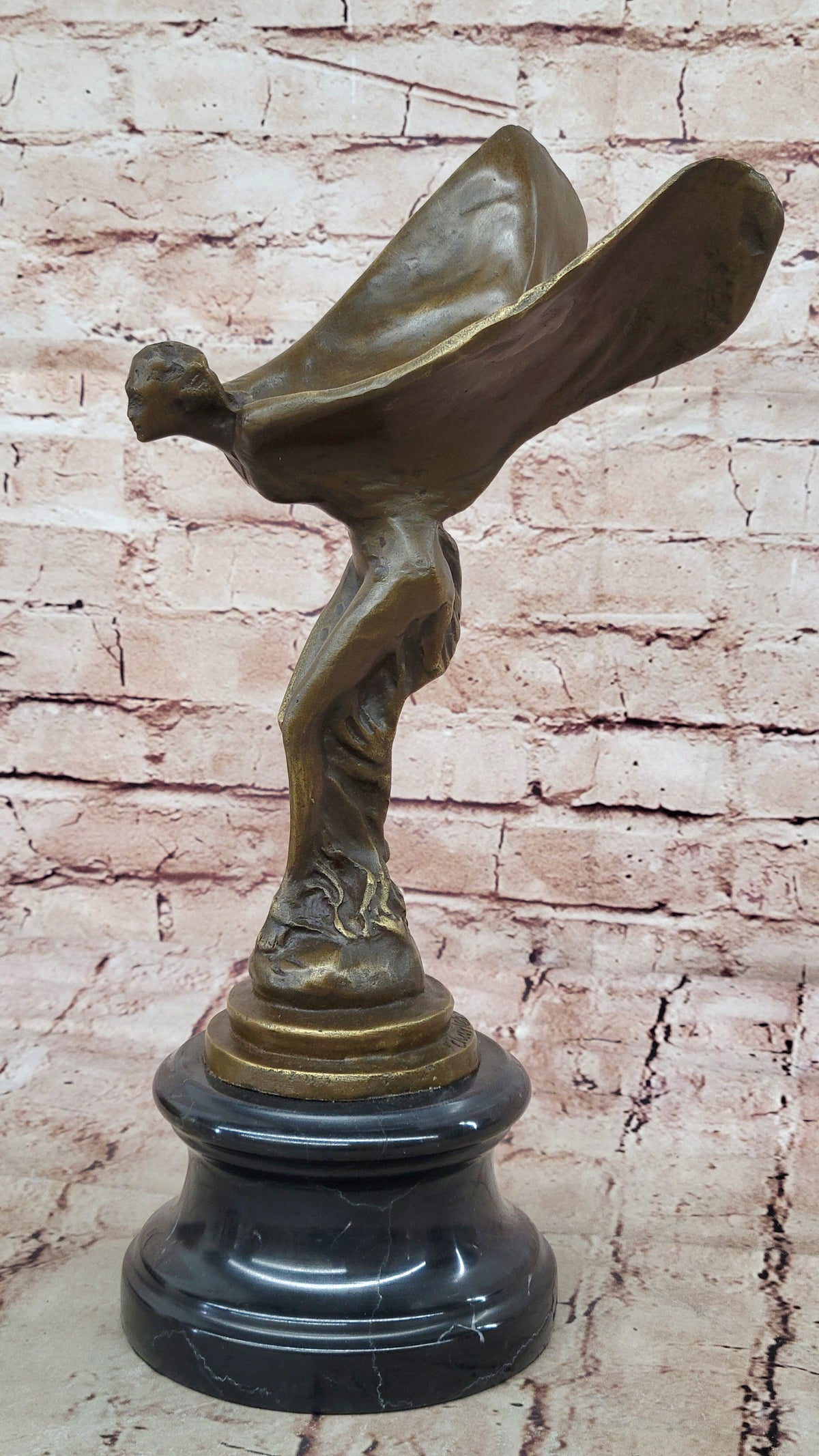 Spirit of Ecstasy Large bronze with brown patina mounted on dark marble base