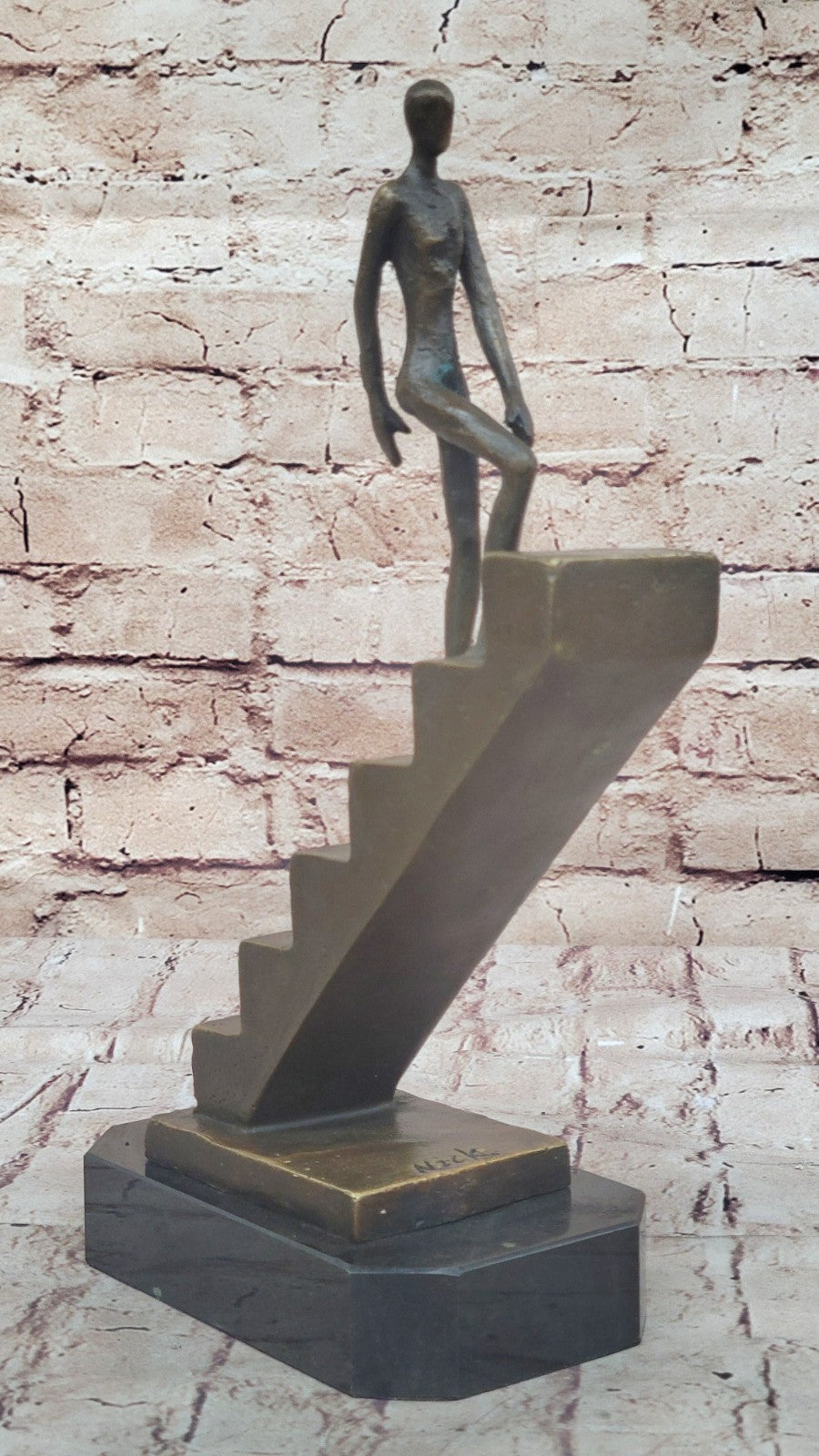 Signed Nick Mid-Century Stair Climbing Bronze Statue: Handcrafted Home Office Decor