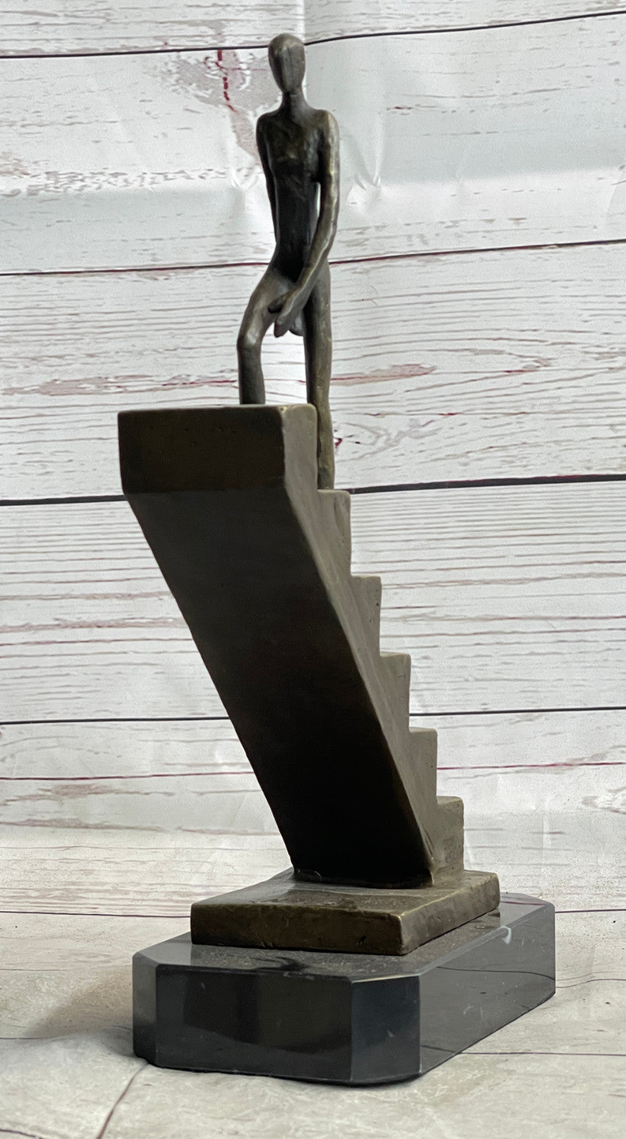 Signed Nick Mid-Century Stair Climbing Bronze Statue: Handcrafted Home Office Decor