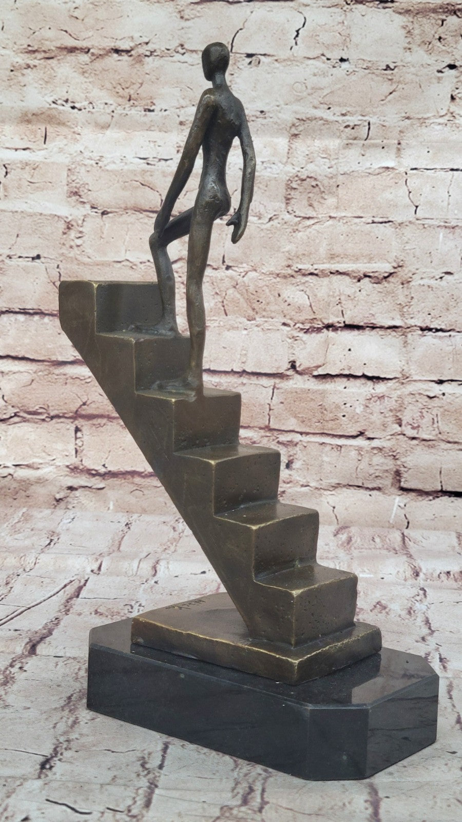 Signed Nick Mid-Century Stair Climbing Bronze Statue: Handcrafted Home Office Decor