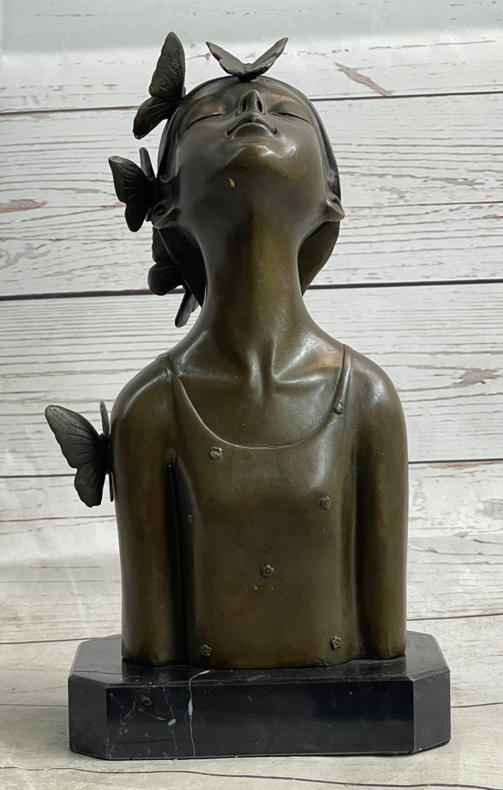 Modern Art Butterfly Girl Bust Bronze Sculpture by Collet: Handcrafted Fine Artwork
