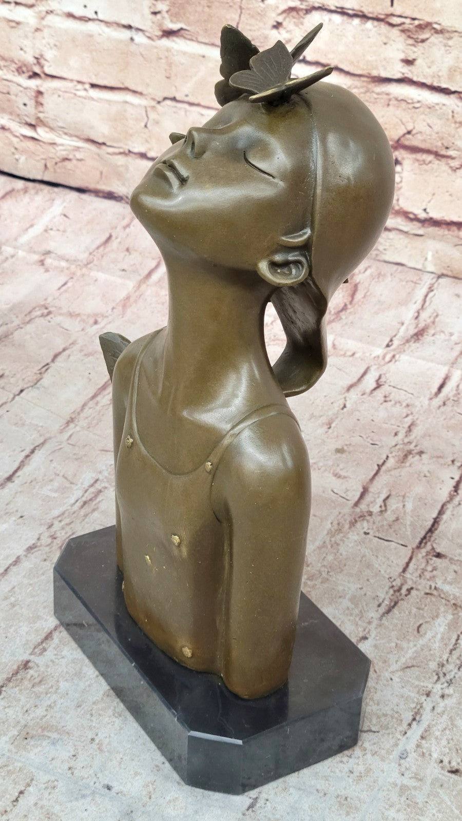 Modern Art Butterfly Girl Bust Bronze Sculpture by Collet: Handcrafted Fine Artwork