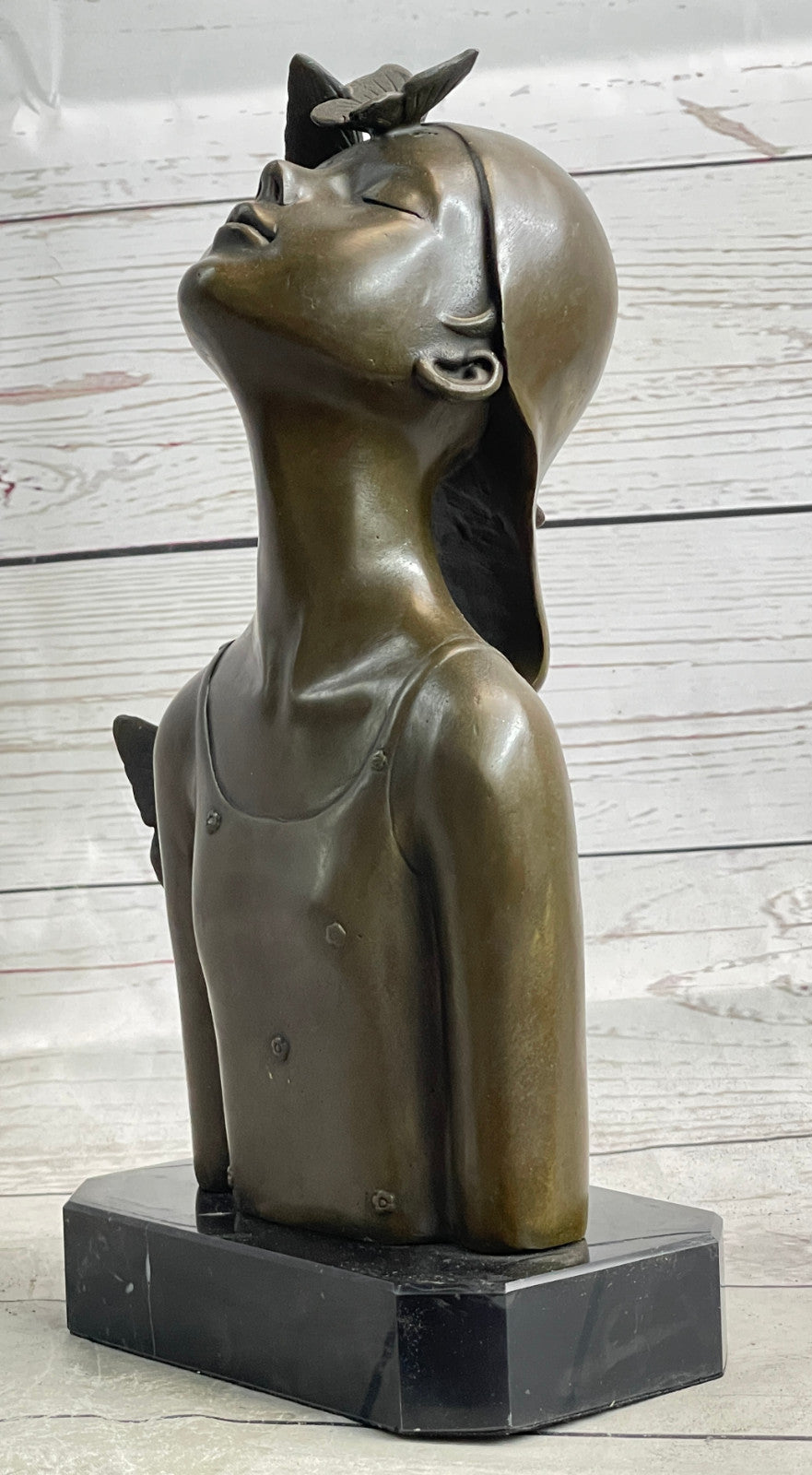 Modern Art Butterfly Girl Bust Bronze Sculpture by Collet: Handcrafted Fine Artwork