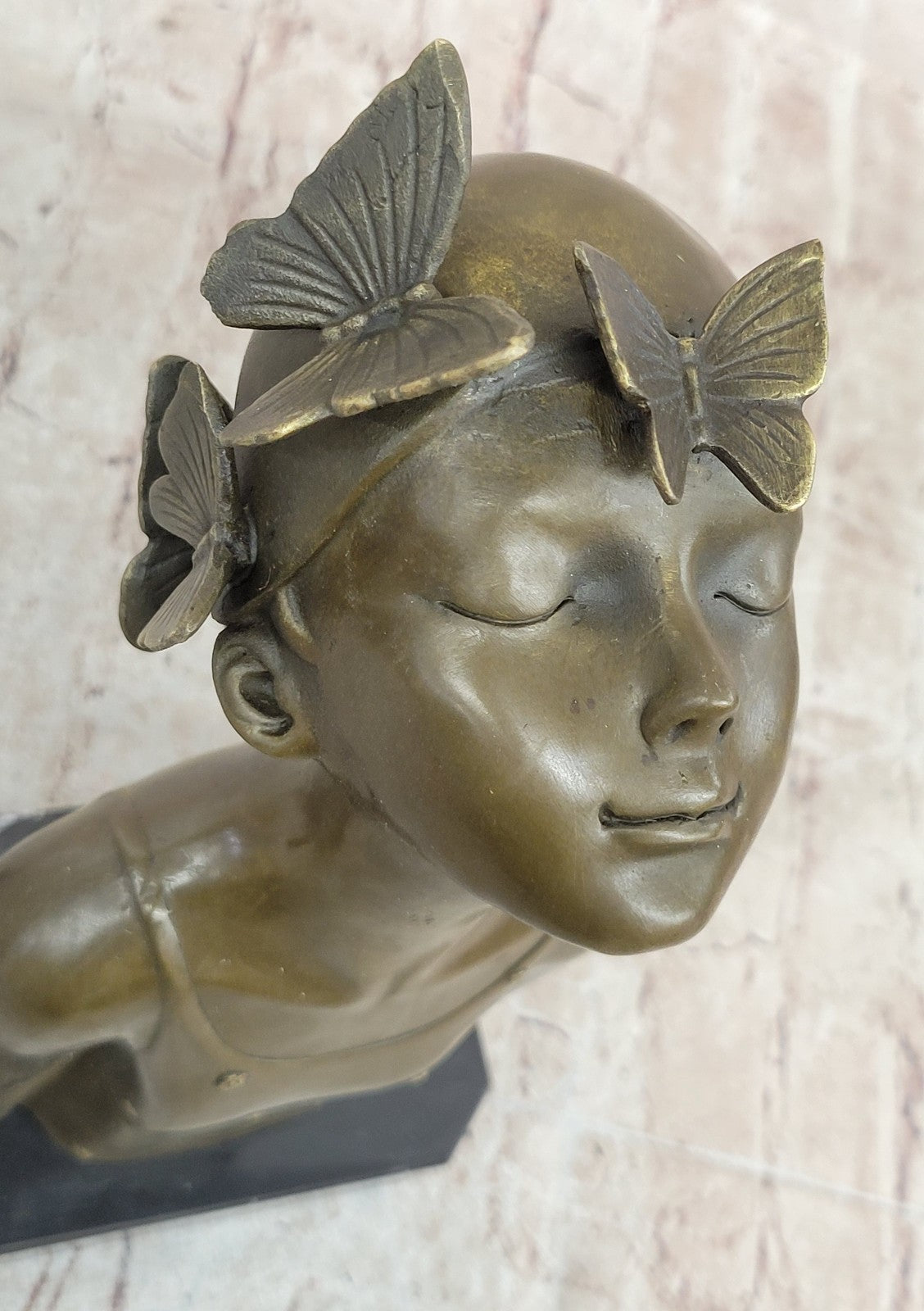 Modern Art Butterfly Girl Bust Bronze Sculpture by Collet: Handcrafted Fine Artwork