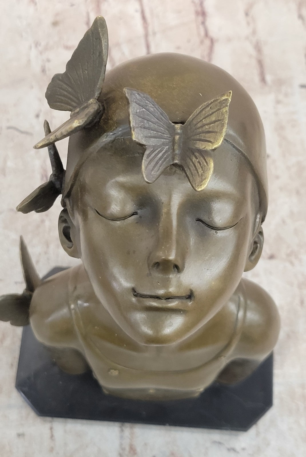 Modern Art Butterfly Girl Bust Bronze Sculpture by Collet: Handcrafted Fine Artwork
