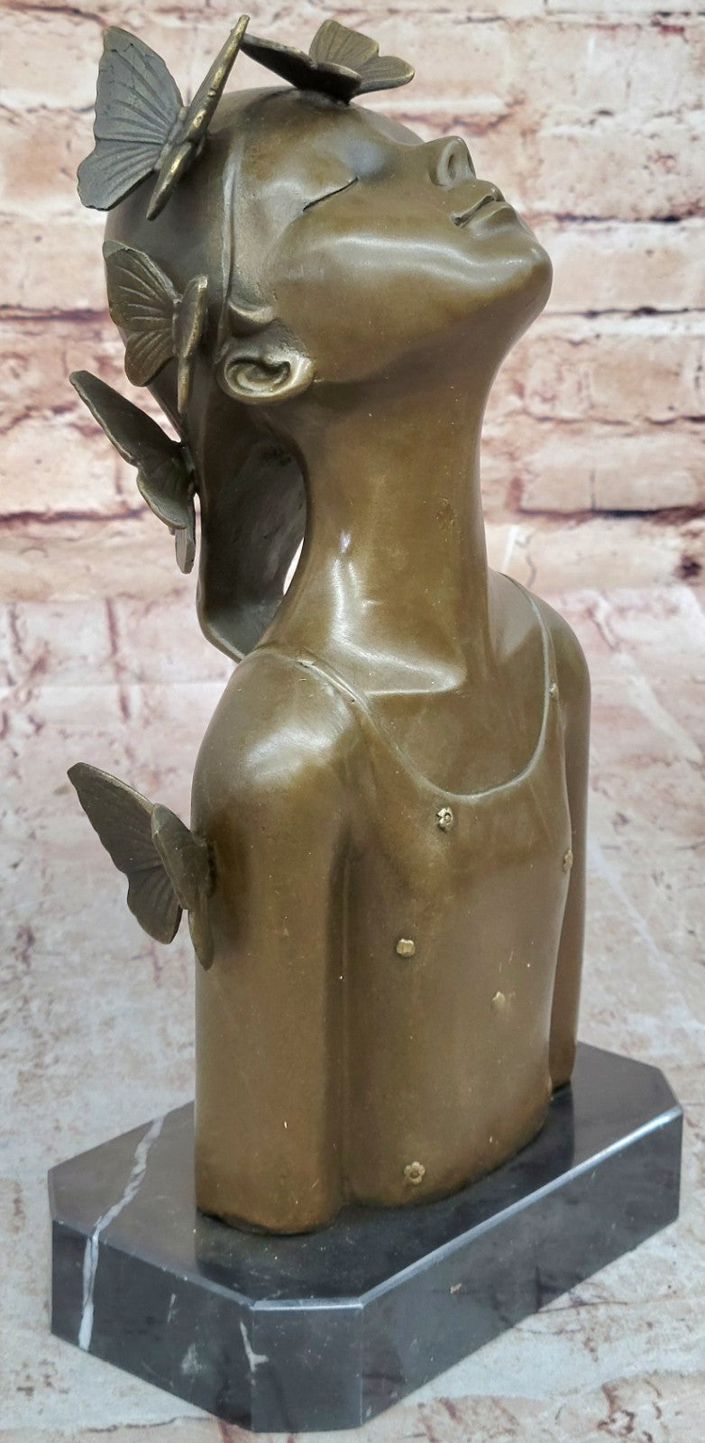 Modern Art Butterfly Girl Bust Bronze Sculpture by Collet: Handcrafted Fine Artwork
