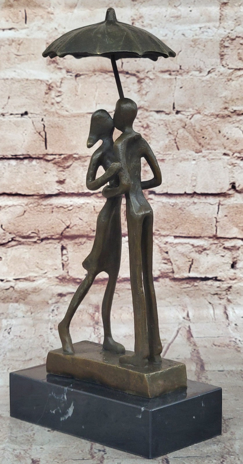 Abstract Bronze Sculpture Man Woman Rain Umbrella Mid Century Art Deco