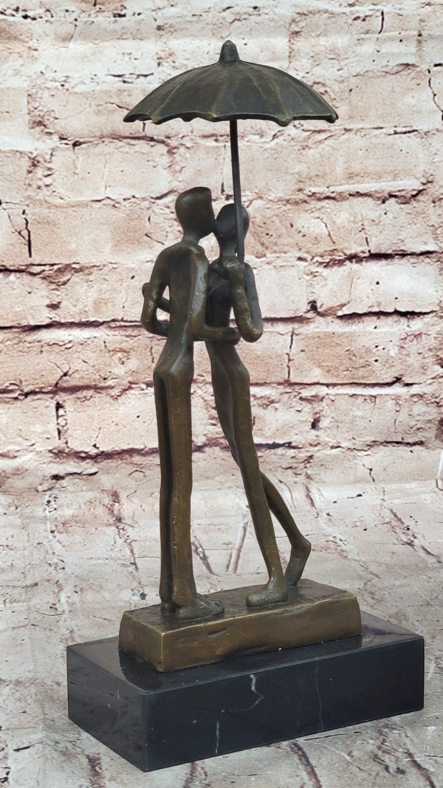 Abstract Bronze Sculpture Man Woman Rain Umbrella Mid Century Art Deco