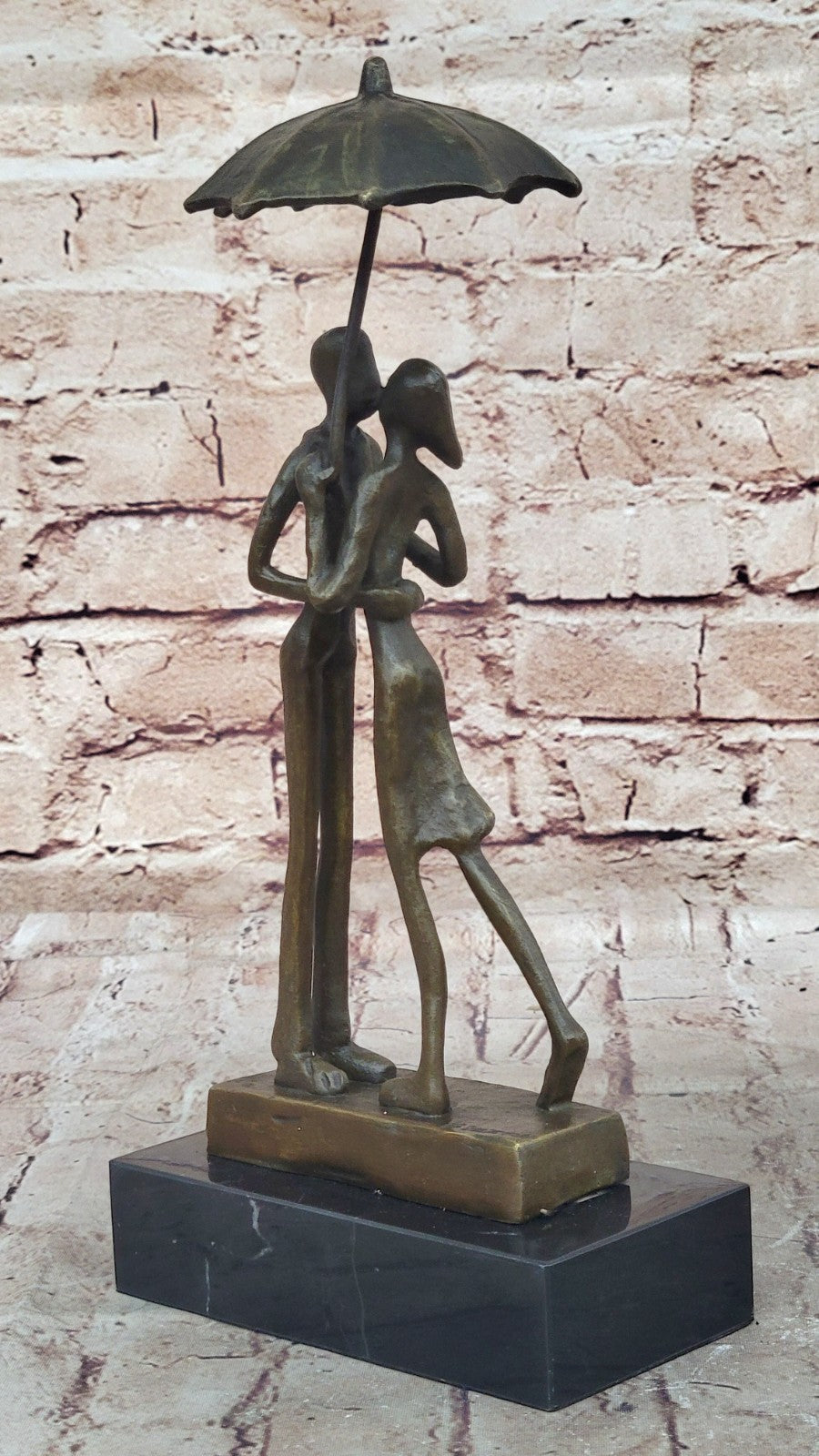Abstract Bronze Sculpture Man Woman Rain Umbrella Mid Century Art Deco