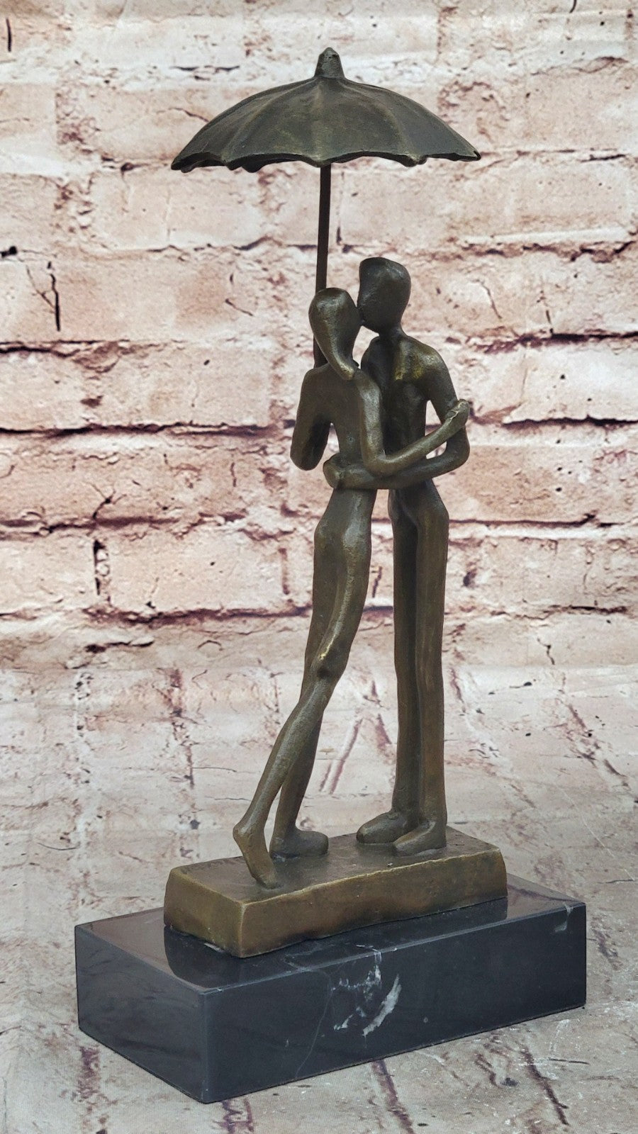 Abstract Bronze Sculpture Man Woman Rain Umbrella Mid Century Art Deco