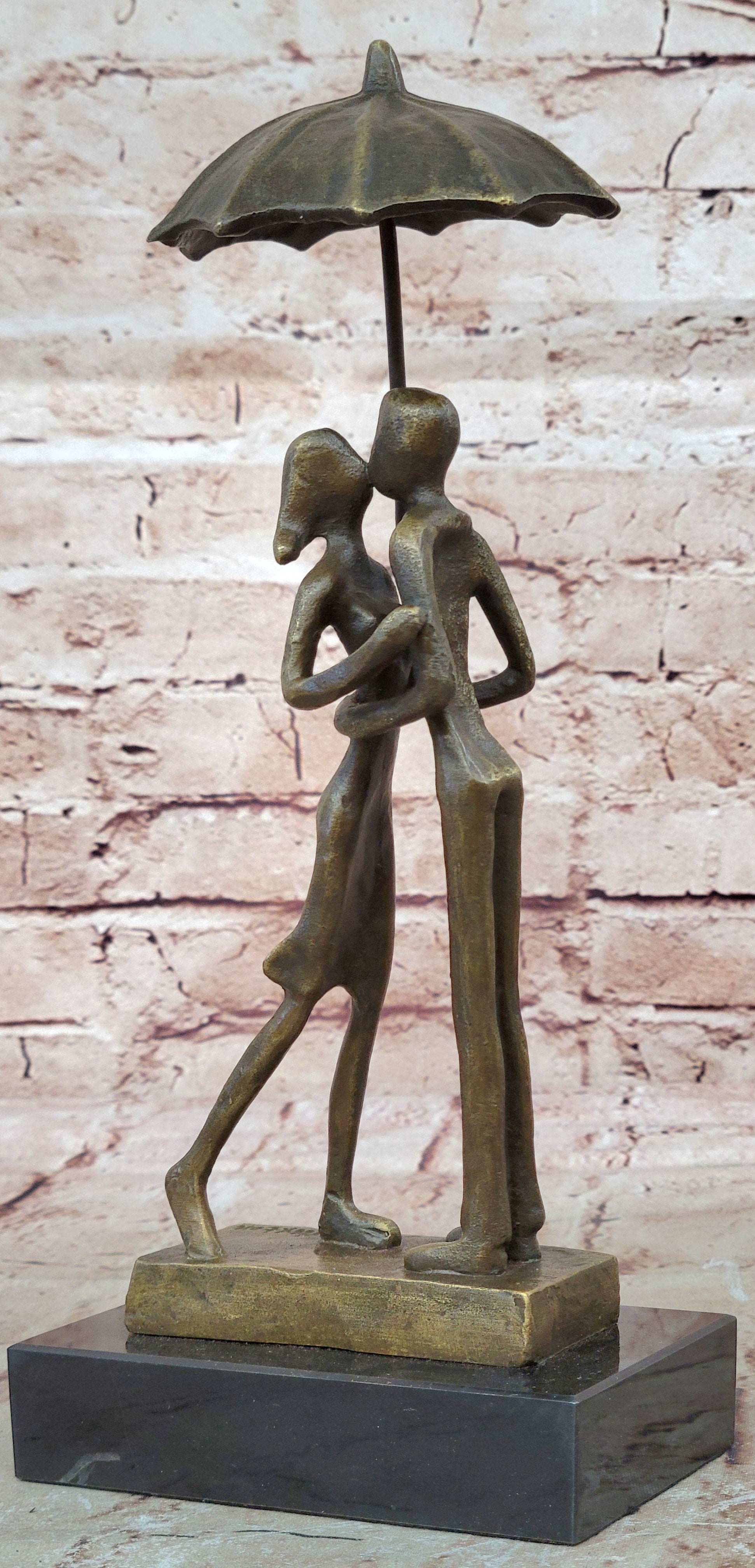 Abstract Bronze Sculpture Man Woman Rain Umbrella Mid Century Art Deco