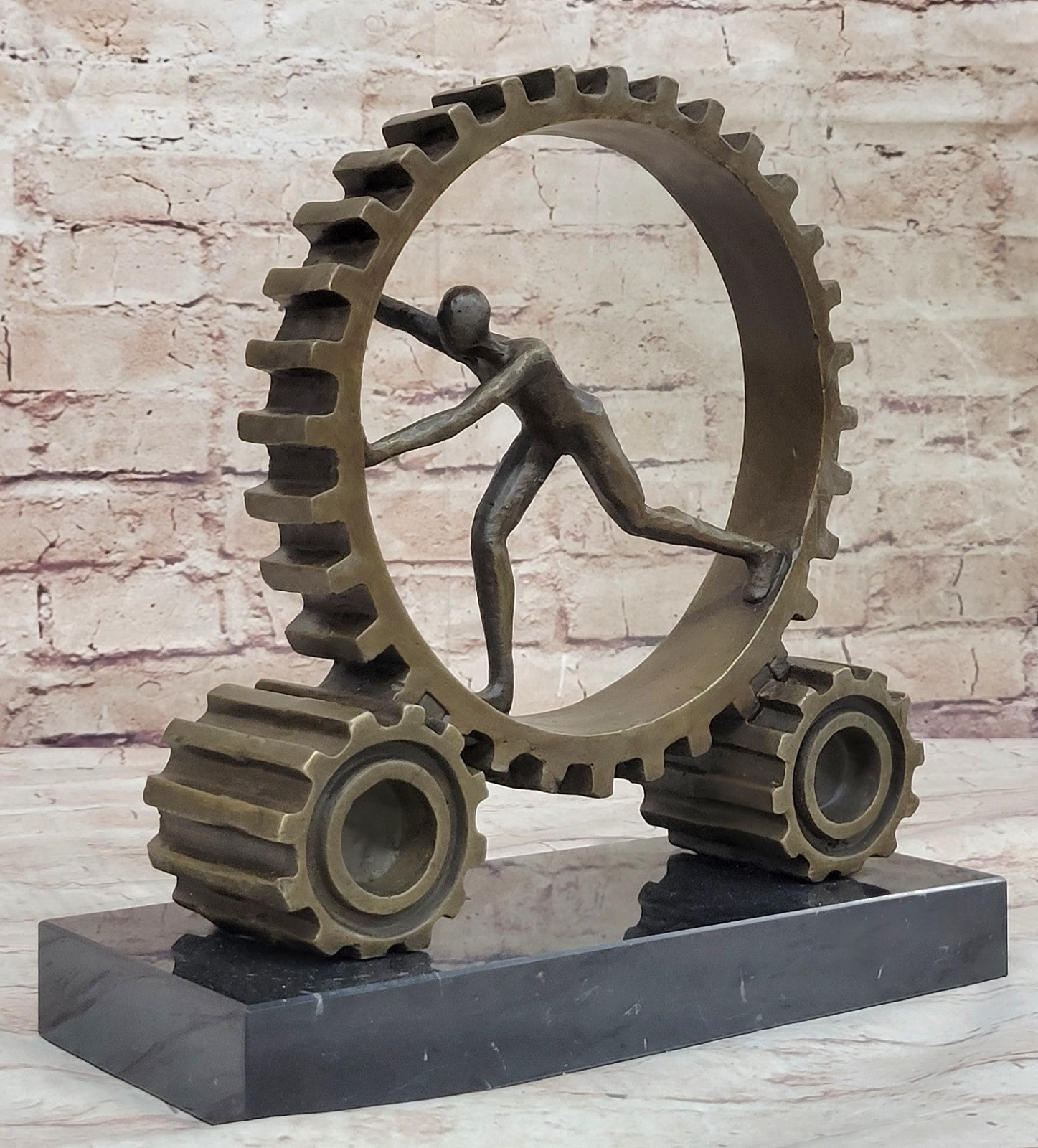 Signed Farncisci Bronze Statue: Art Deco Athlete Pushing Wheel Sculpture