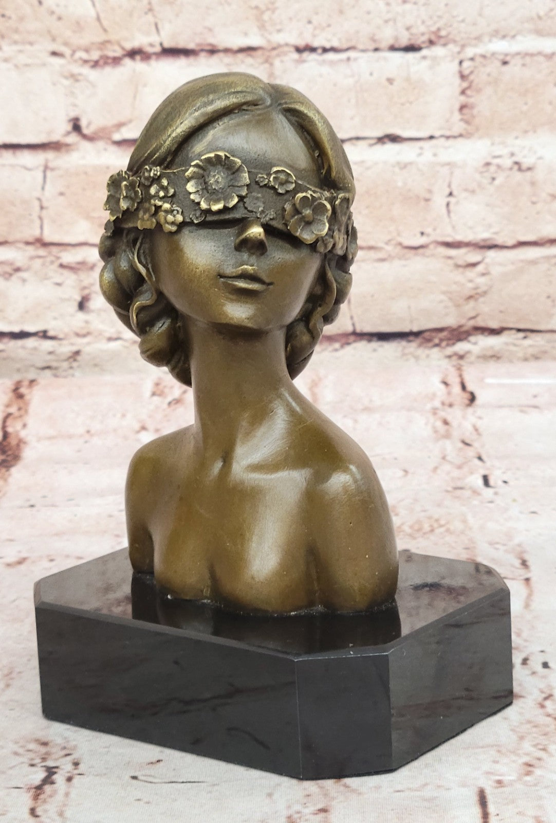 Masked Girl Bronze Sculpture: Hand Made Bust Figurine, Lost Wax Method