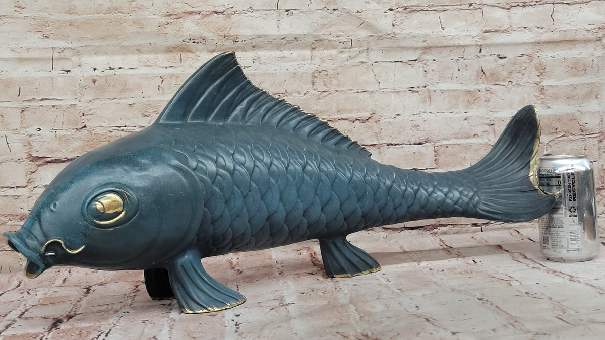 Art Deco Green Patina Fish Fisherman Cabin Decor Bronze Sculpture Figurine
