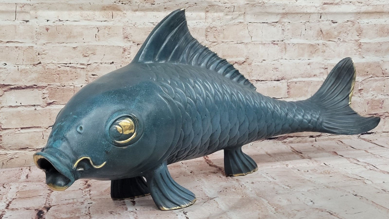 Art Deco Green Patina Fish Fisherman Cabin Decor Bronze Sculpture Figurine