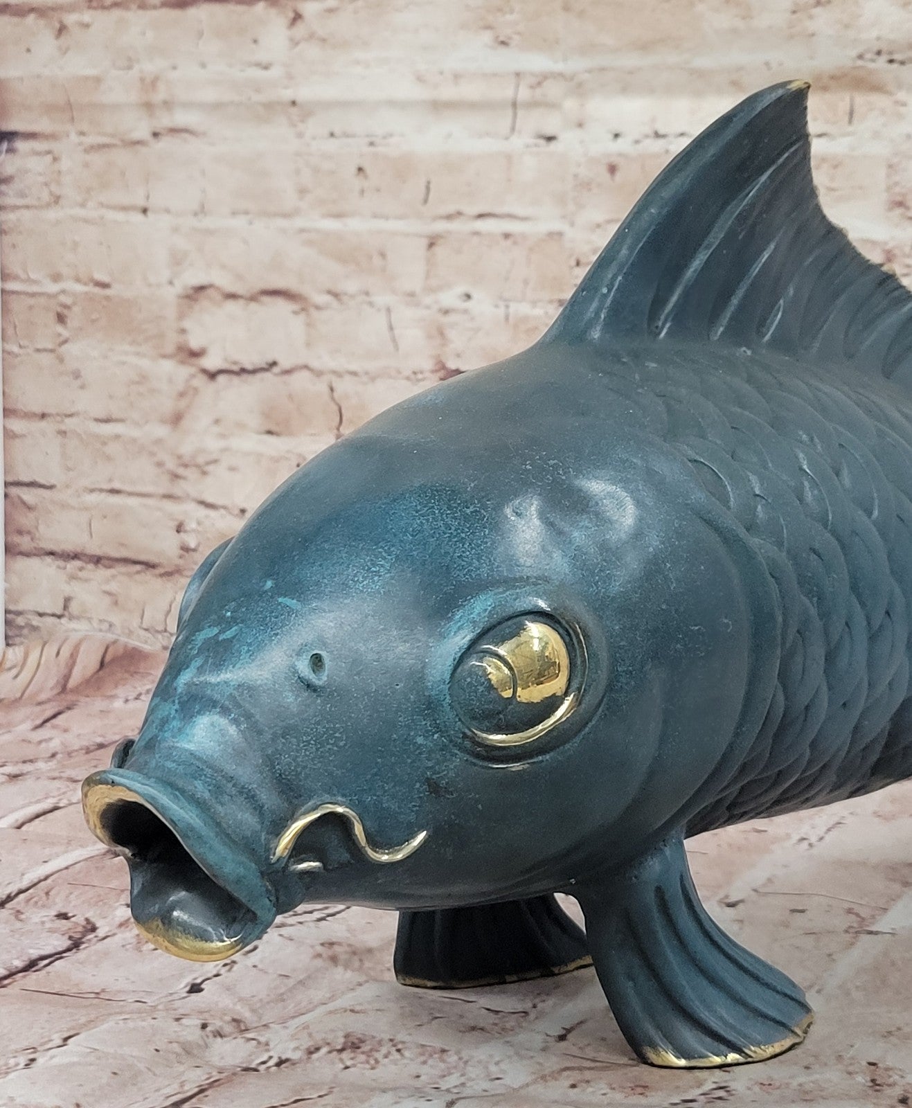 Art Deco Green Patina Fish Fisherman Cabin Decor Bronze Sculpture Figurine