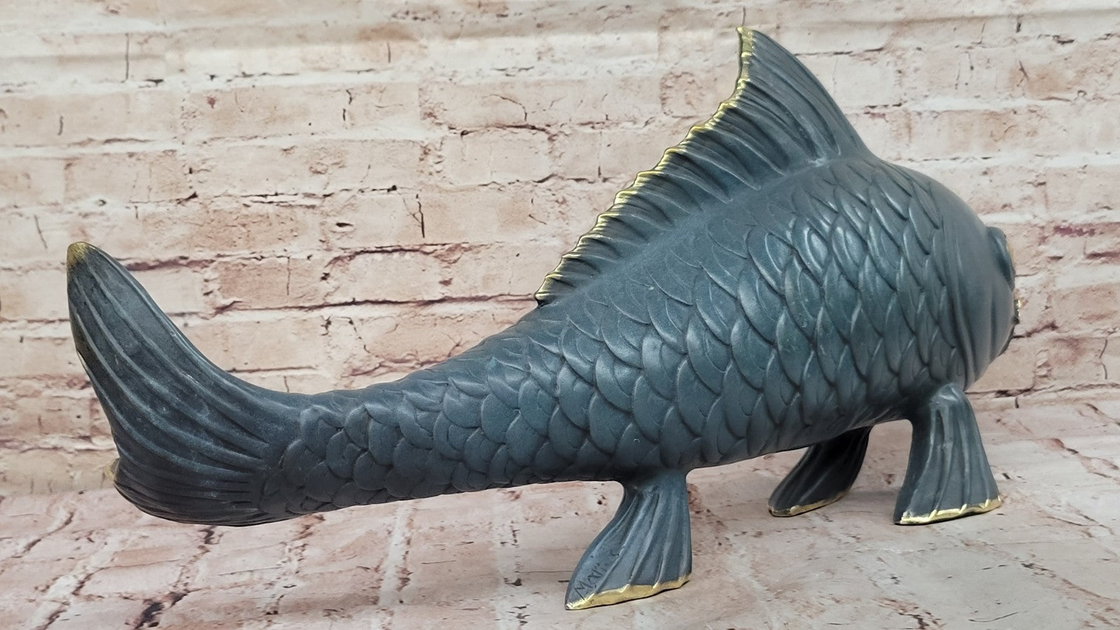 Art Deco Green Patina Fish Fisherman Cabin Decor Bronze Sculpture Figurine