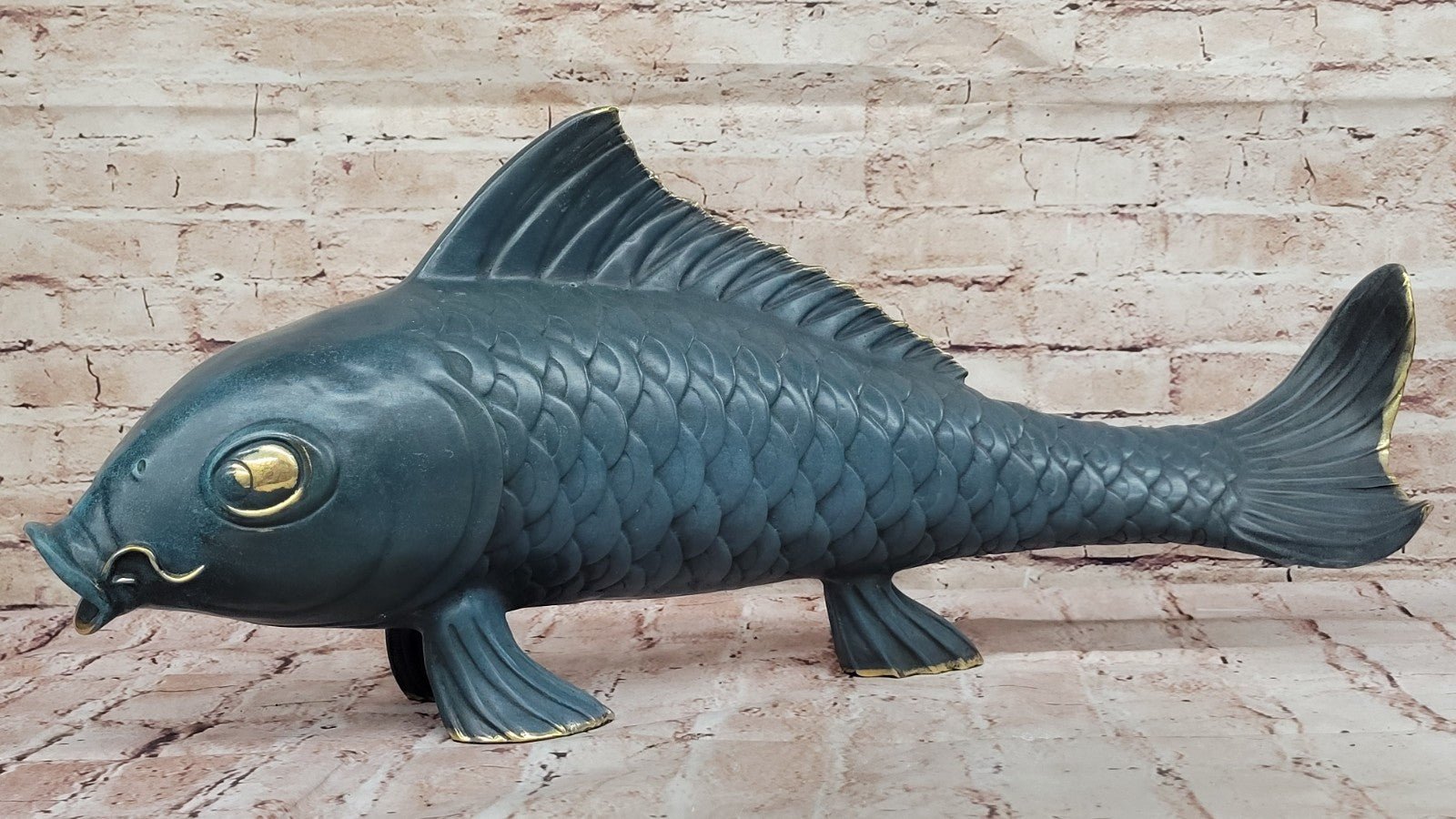 Art Deco Green Patina Fish Fisherman Cabin Decor Bronze Sculpture Figurine