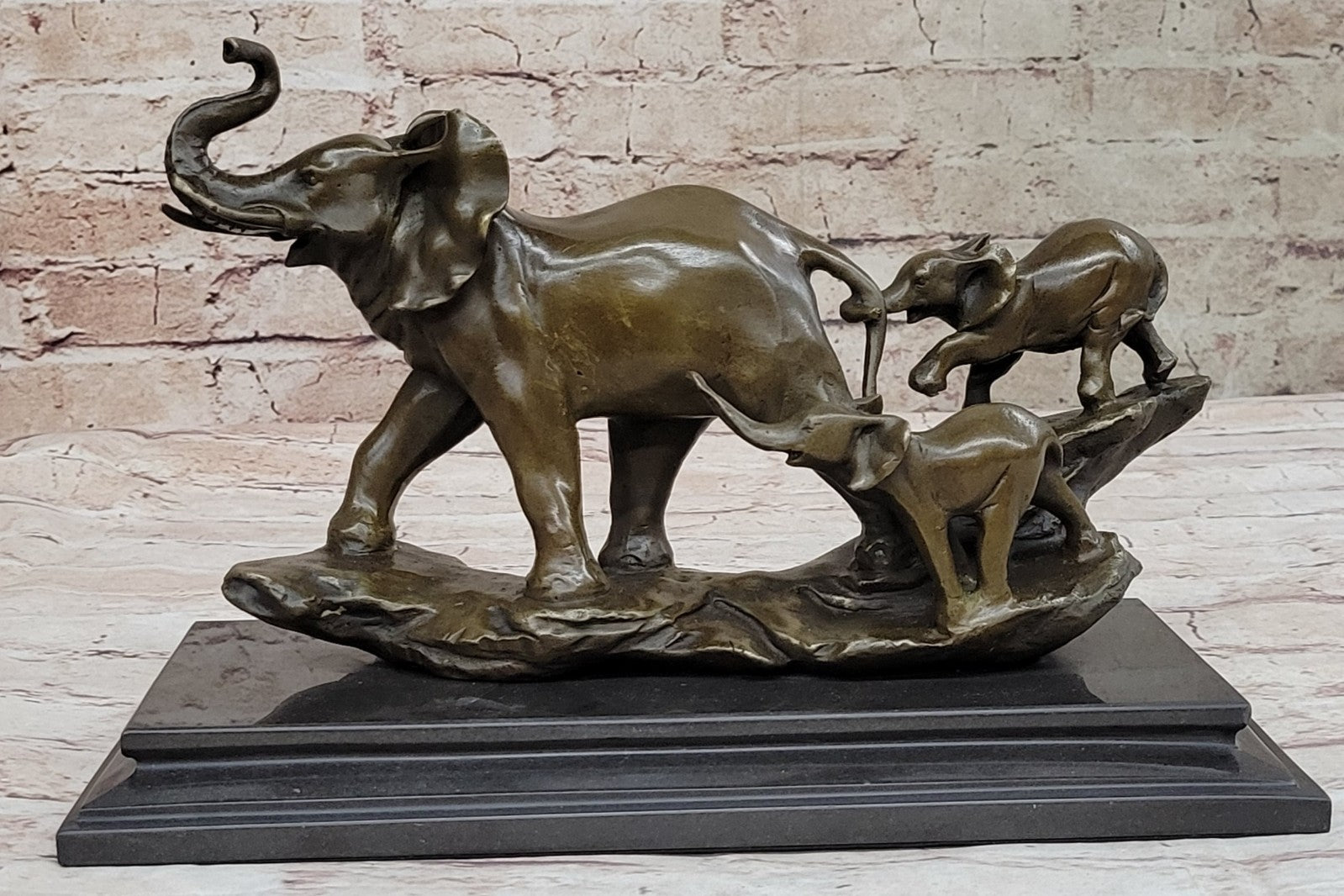 Graceful Bronze Statue of a Mother Elephant and Twin Calves - Signed Artwork by Williams