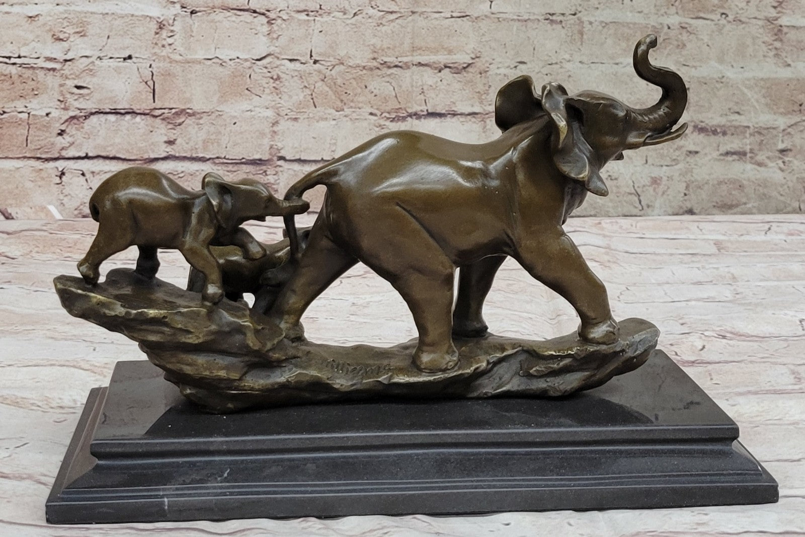 Graceful Bronze Statue of a Mother Elephant and Twin Calves - Signed Artwork by Williams