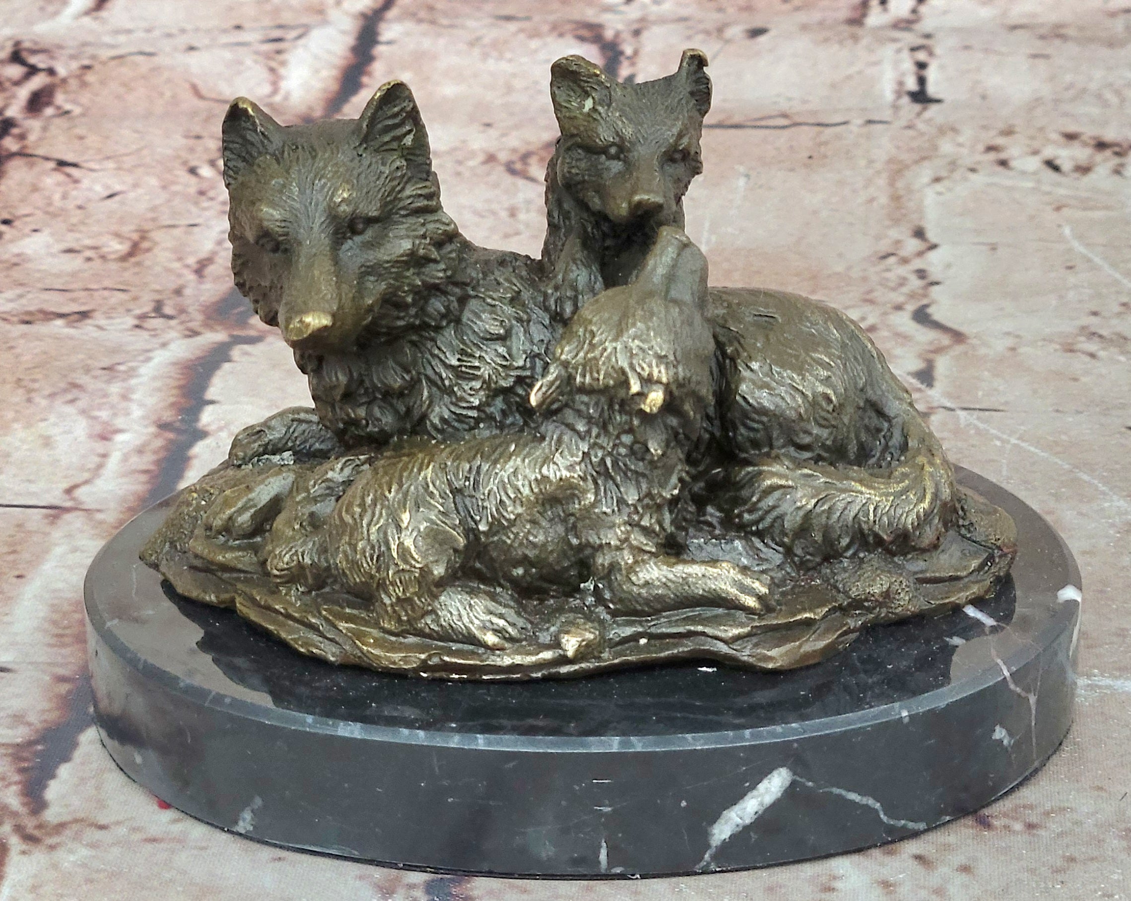 Handcrafted bronze sculpture SALE Garde Life Wild Bust Cub Wolf Marble Base Deco