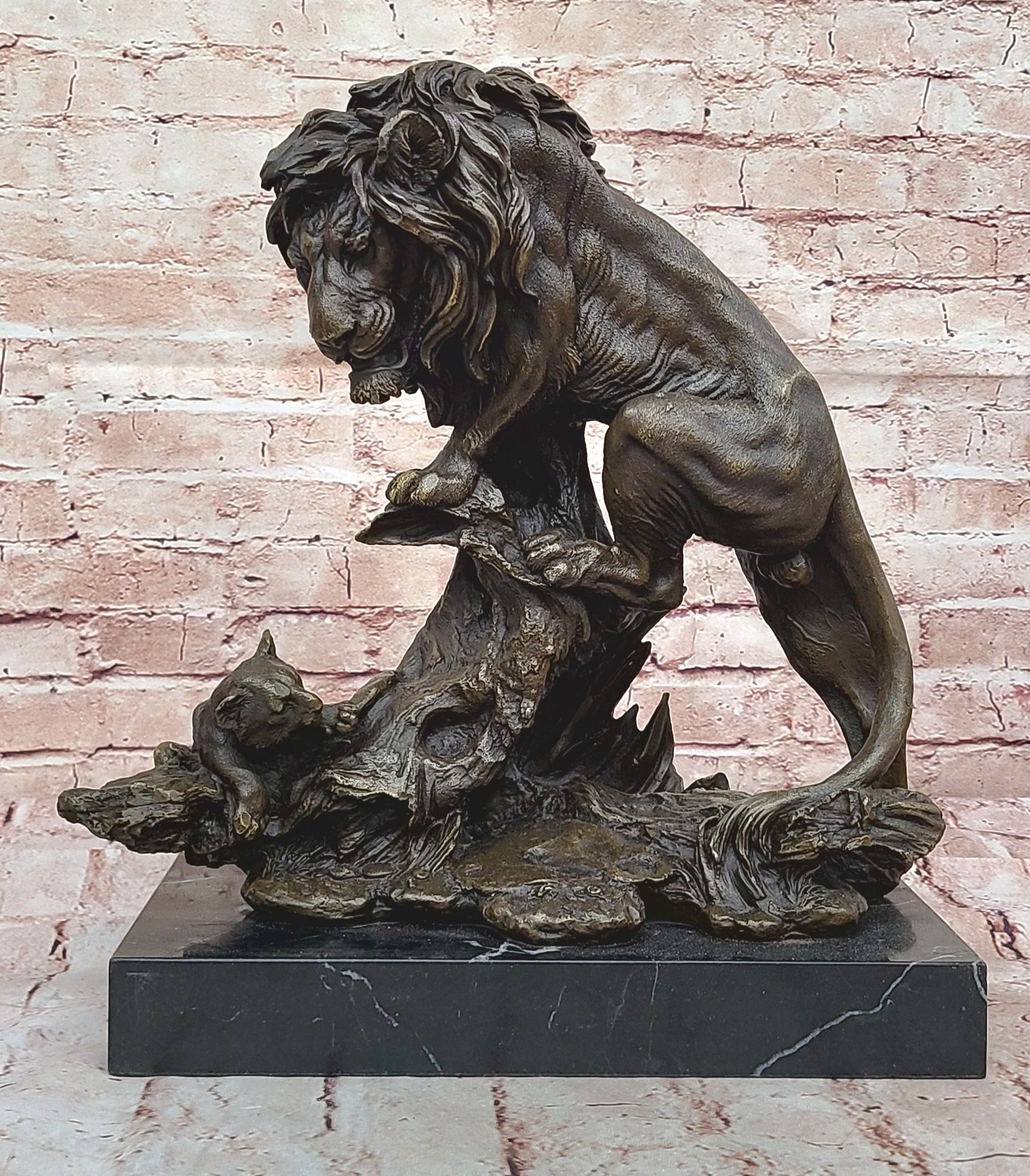 Art Deco Bronze Sculpture African Cougar Mountain Lion w/ Cub Statue Figurine NR